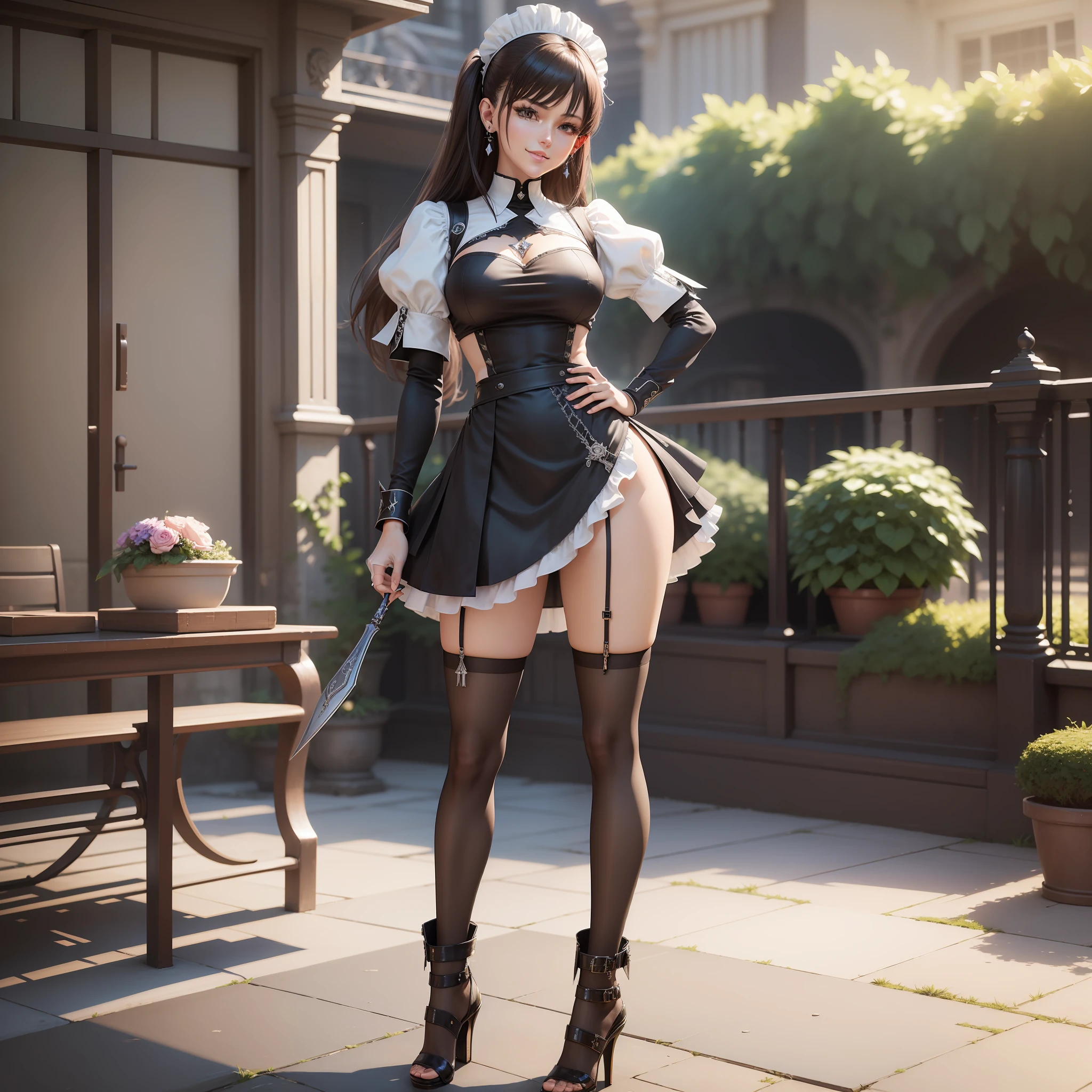 ((Top Quality, 8k, Masterpiece: 1.3)), Sharp Focus: 1.2, Beautiful Women with Perfect Style: 1.4, Slender Abs: 1.2, ((Dark Brown Hair, Big: 1.2)), (Natural Light, City Street: 1.1), Highly Detailed Face and Skin Texture, Detailed Eyes, Double Eyelids, Maid, Maid Clothes, Long Skirt, Deep Transverse Slit Skirt, Earrings, knee-high socks, see-through, high heels, mansion, bed, smile, full body shot, physically based rendering, (Tetsuya Nomura style),