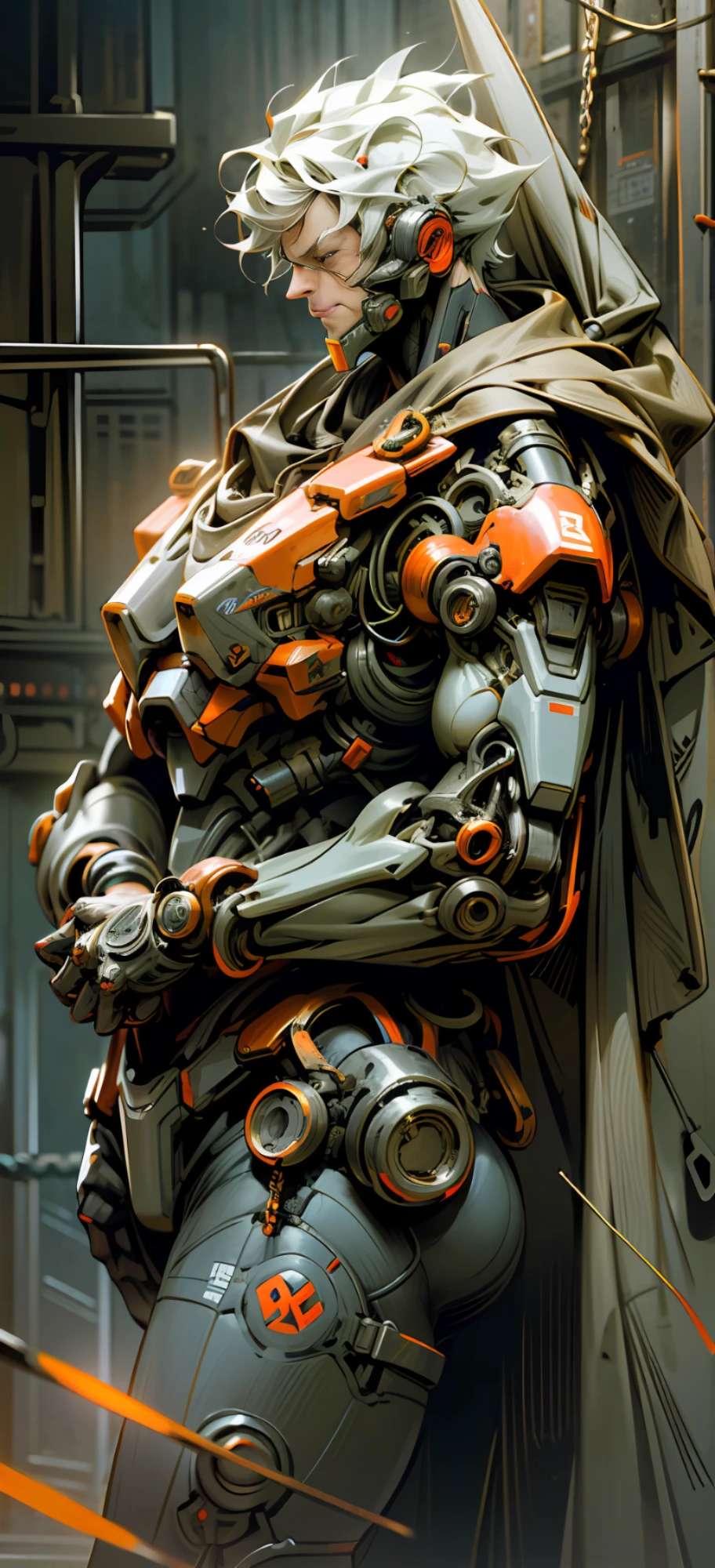 Dark_Fantasy,Cyberpunk,(chain saw,chain saw man,Red:1.1),1man,Mechanical marvel,Robotic presence,Cybernetic guardian, wearing a worn-out mech suit, intricate, (steel metal [rusty]), elegant, clear focus, shot by greg rutkowski, soft lighting, vibrant colors, masterpiece, ((street)), cowboy shot, dynamic pose,