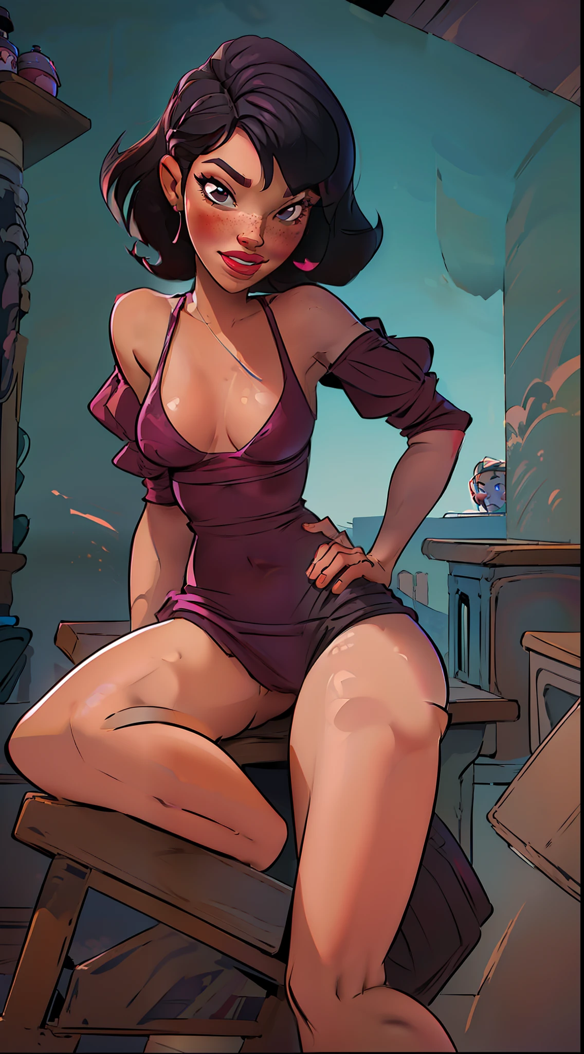 woman 20 years, bob cut hair red curly, (Best Quality, Masterpiece: 1.1), (Fidelity: 1.4), (nfsw: 1.5),(Detailed scenery in the background: classroom, with tables), (bright lip gloss, red lipstick, many eyelashes, dark black eyeshadow), round silver glasses, lascivious look, purple pupil, lascivious smile, blushing, freckles by the body, high quality, high resolution, necklaces, chokers, earrings and bracelets, saggy breast, translucent lace panties, translucent lace small bra, breasts are about to come out of bra, bra is about to burst, chest peak is protruding, chest peak shape is clearly visible, translucent white shirt off shoulder, full body, beautiful skin, knees apart, lots of exposure, very sexy body line, lascivious body, sitting at the teacher's desk, legs spread, bare crotch, camel's paw, detailed hairy pubic anatomy, hard chest beak hard, looking at the viewer, pov from below,