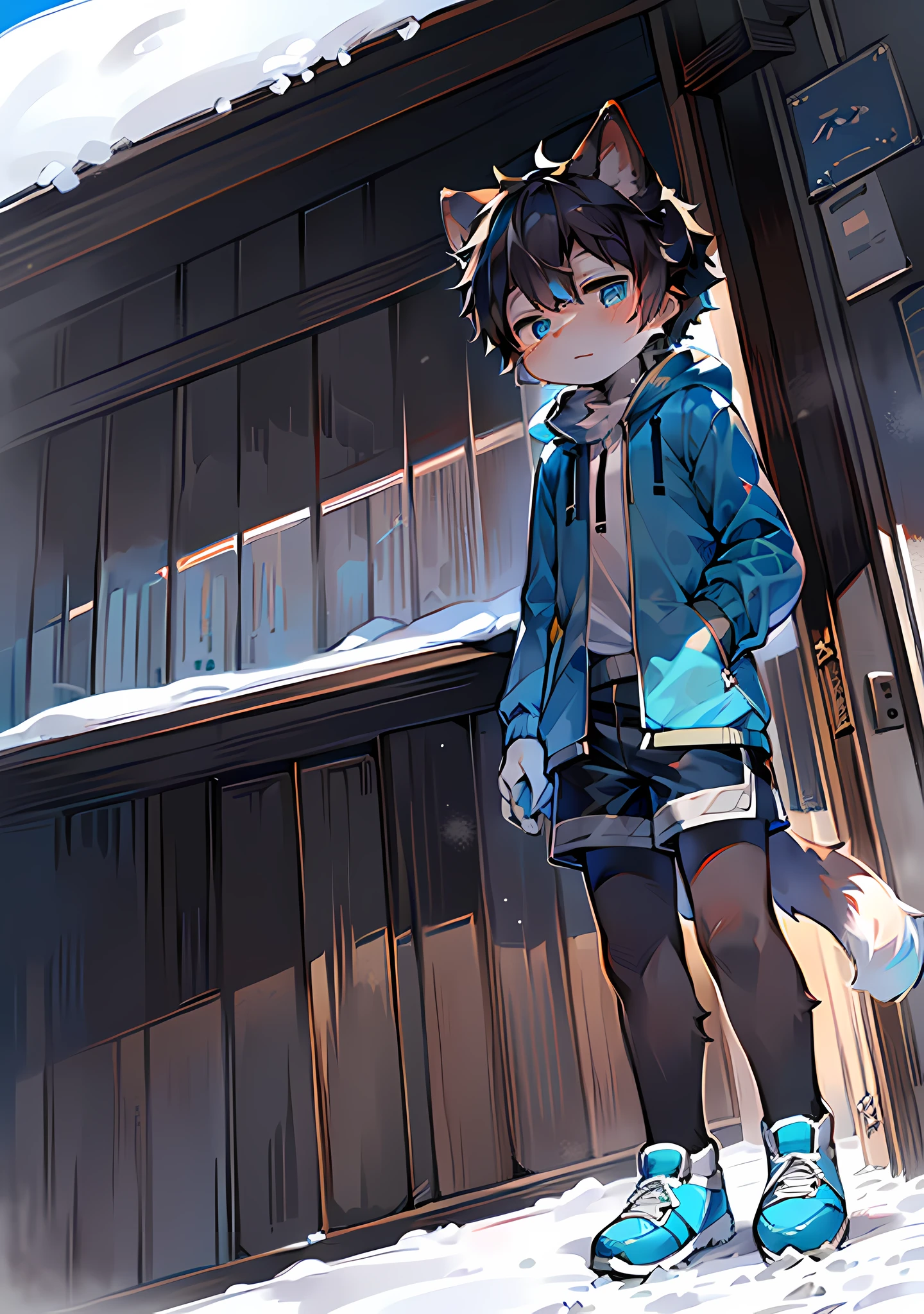(Snow Environment: 0.8), Masterpiece, High Quality, Abstract Res, Digital Painting\(Artwork\), by Dagasi, Yupa, Kiyosan, (Anthro, Fluffy Fur, Character Focus: 1.1), Anthro Male Cat, Short Hair, Portrait , bright eyes, panorama, character focus. ( Solo, Furry, Furry Male, Cat, Black Fur, Gray Pattern, Blue Coat, Fluffy Shorts, Blue Eyes, Black Hair, Shoes, Wide Coat, White Shirt, Introvert, Silence,
