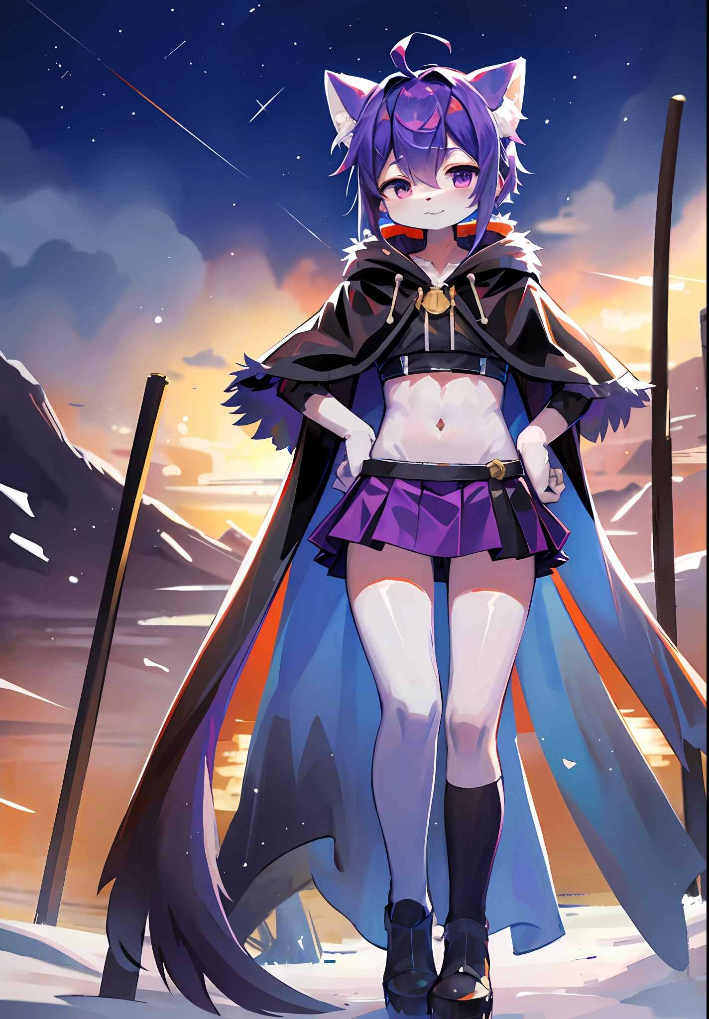 (masterpiece:1.3), (2D:1.0), (anime:1.0), (illustration:1.0), (sharp:1.2), (hard light:1.0), (shadow:1.0),(reflection, refraction:0.8), (light, dappled light, glare, lens flare, Tyndall effect: 1.0), (sharp, shiny: 1.0), (Best Quality: 1.2), (Ultra Fine: 1.0), (Extremely Complex: 1.0), (Blurred foreground, Cinematic Light, Ray Tracing: 1.1), (bright_colors, dark_intense_shadows: 1.1), (Impasto, Colorful: 1.2), (warm_light_from_below, glow_white_ particles：1.1），（Ensemble_Stars！ _\(style\):0.95). wolf_boy,anthro,uploaded_on_e621,solo,upper_body,cowbow_shot,male_focus,furry_kemono,furry_male,cub,young_male,bishounen,11_years_old,kawaii,cute,fancy,fragile,cool, handsome. detailed_fluffy_fur,tuft,(white_fur,body_fur,oil_skin,skin_with_fluffy_fur:1.3),animal_nose,animal_ear_fluff,fluffy_paws,pawpads,animal_hand,fluffy_big_tail。 Blue clothes, clothes printed with pixel square patterns. (purple hooded cape, black hoodie: 1.5), short male hair, blue hair, purple eyes, closed eyes, bangs, dull hair, shut up, smile, light blush, purple pixel square, hands up, red katana, blue metal leg ring on the thigh of the right leg is short, bottomless, (tummy down: 1.2), looking to the left front. (night, starry_sky, crescent_moon, star_ (sky), gem, plant, star_ (symbol), sparkle), outdoor activities