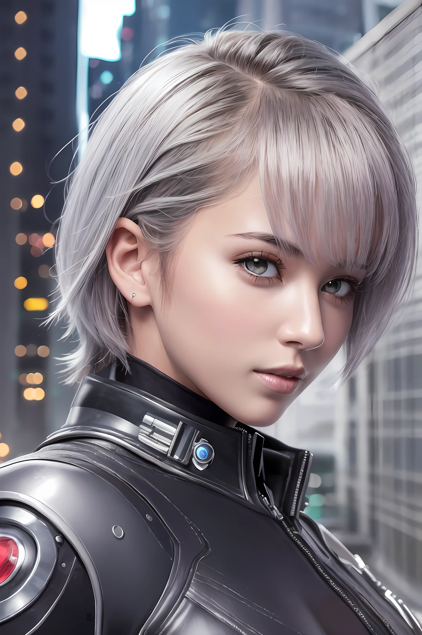 (8k, photorealistic, RAW, top quality: 1.4), (1girl), super beautiful, (realistic face), (boyish, silver-colored berry short hair), cyberpunk, black cyberpunk suit, near future, seducing viewer, beautiful expression, beautiful breasts, (realistic skin), beautiful smile, (soldier), attractive, ultra high definition, ultra realistic, high definitionStylish, Whole body on