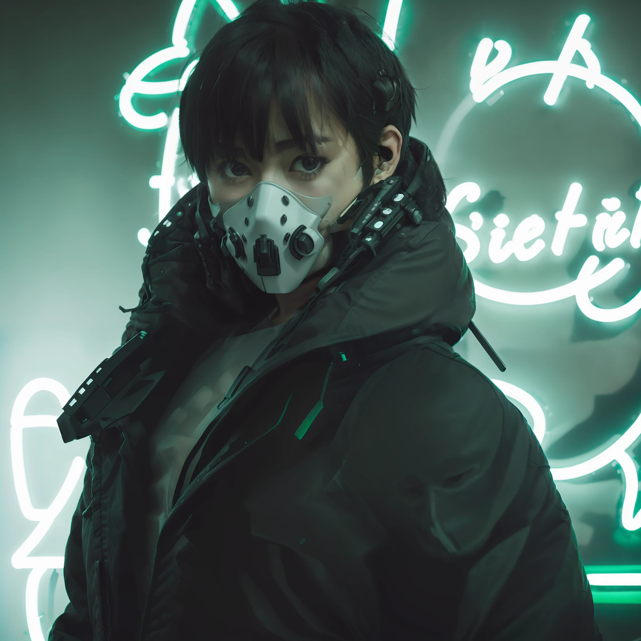 Photo DSLR, a woman with short black hair standing in front of a green neon sign, tech mask, jacket, in the rain, NeonNoir, hard shadow, masterpiece, best quality, Intricate, High Detail, 8k, modelshoot style, film grain