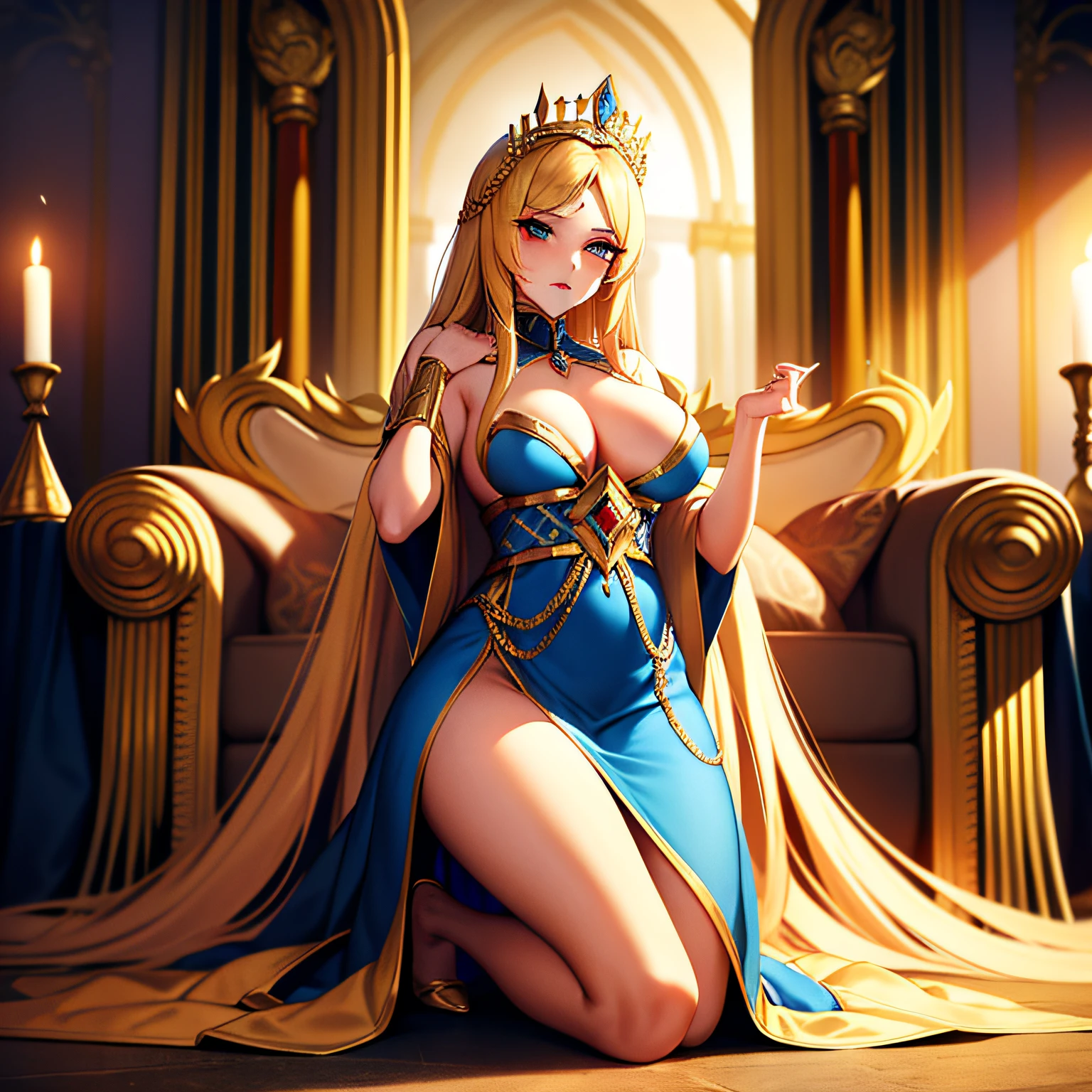 (masterpiece:1.2), (best quality:1.2)solo focus, an evil tall blonde queen surrenders to invaders, hair loose, disheveled hair, blue and gold dress, undressing, torn clothes, running makeup, lipstick, mature royalty, kneeling, hands raised, resigned, pride broken, throne room, medieval