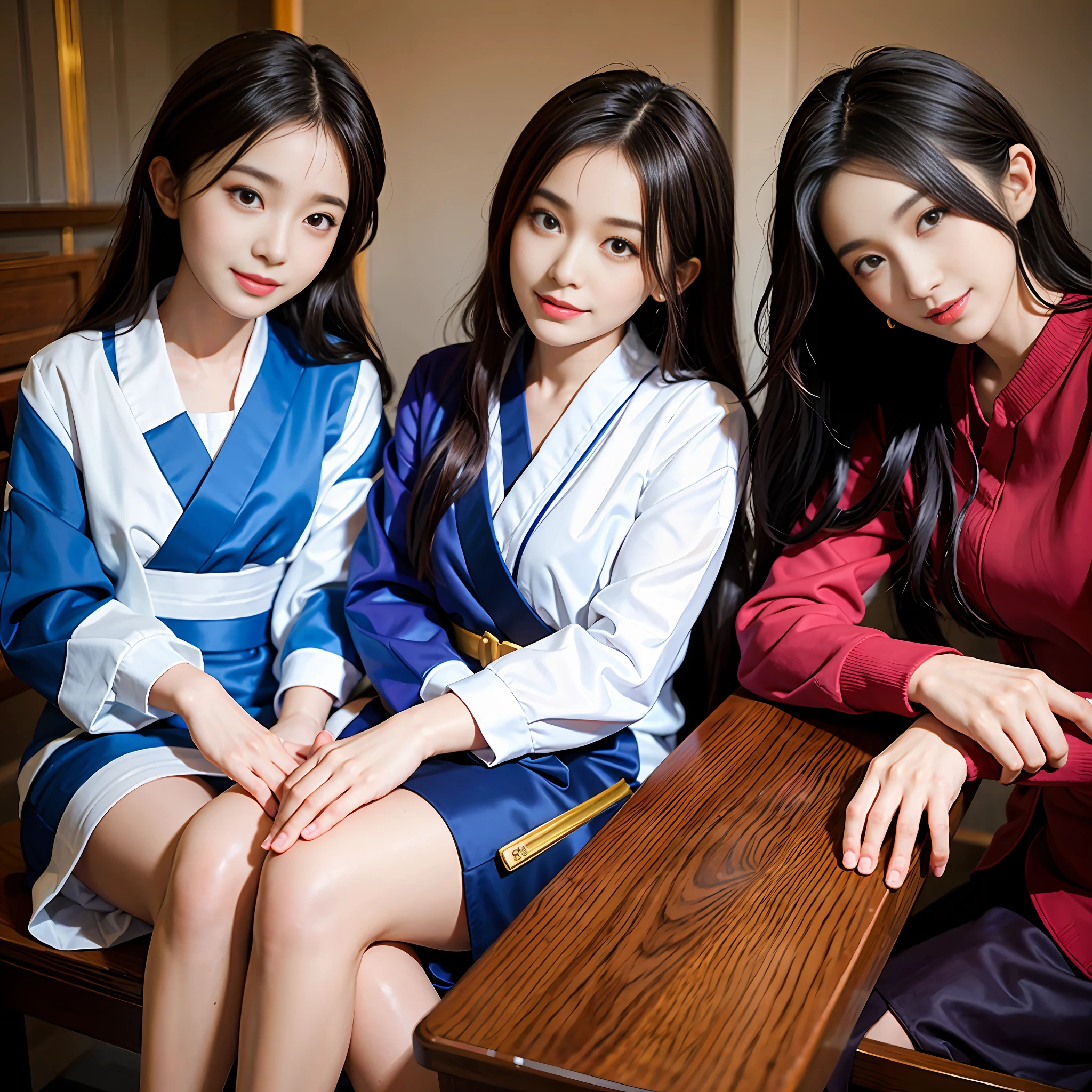 Masterpiece, high quality, two Korean student girls looked at me with harsh smiles