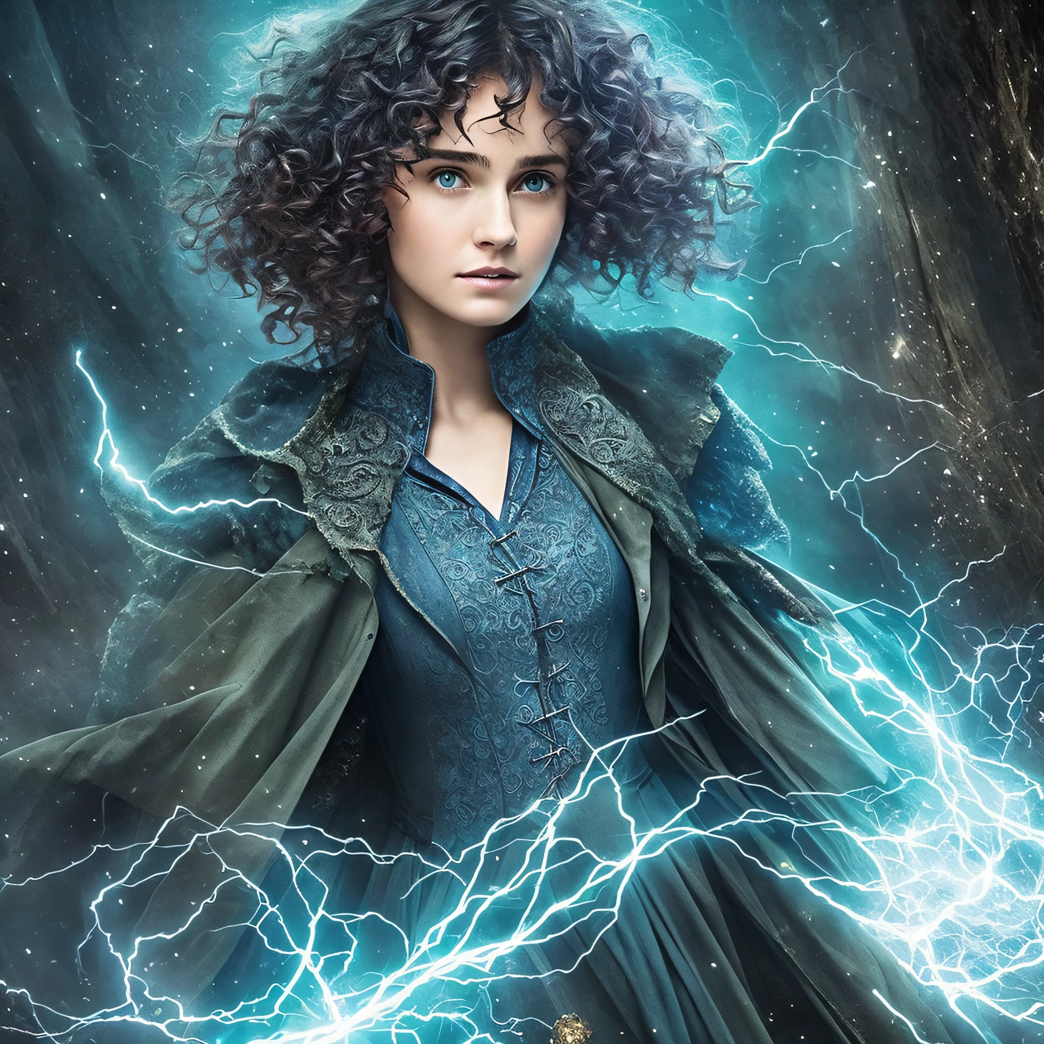 A magical woman, in the world of Harry Potter, thin body, blue magic vests, curly hair, fighting a dark wizard, dark atmosphere --auto --s2