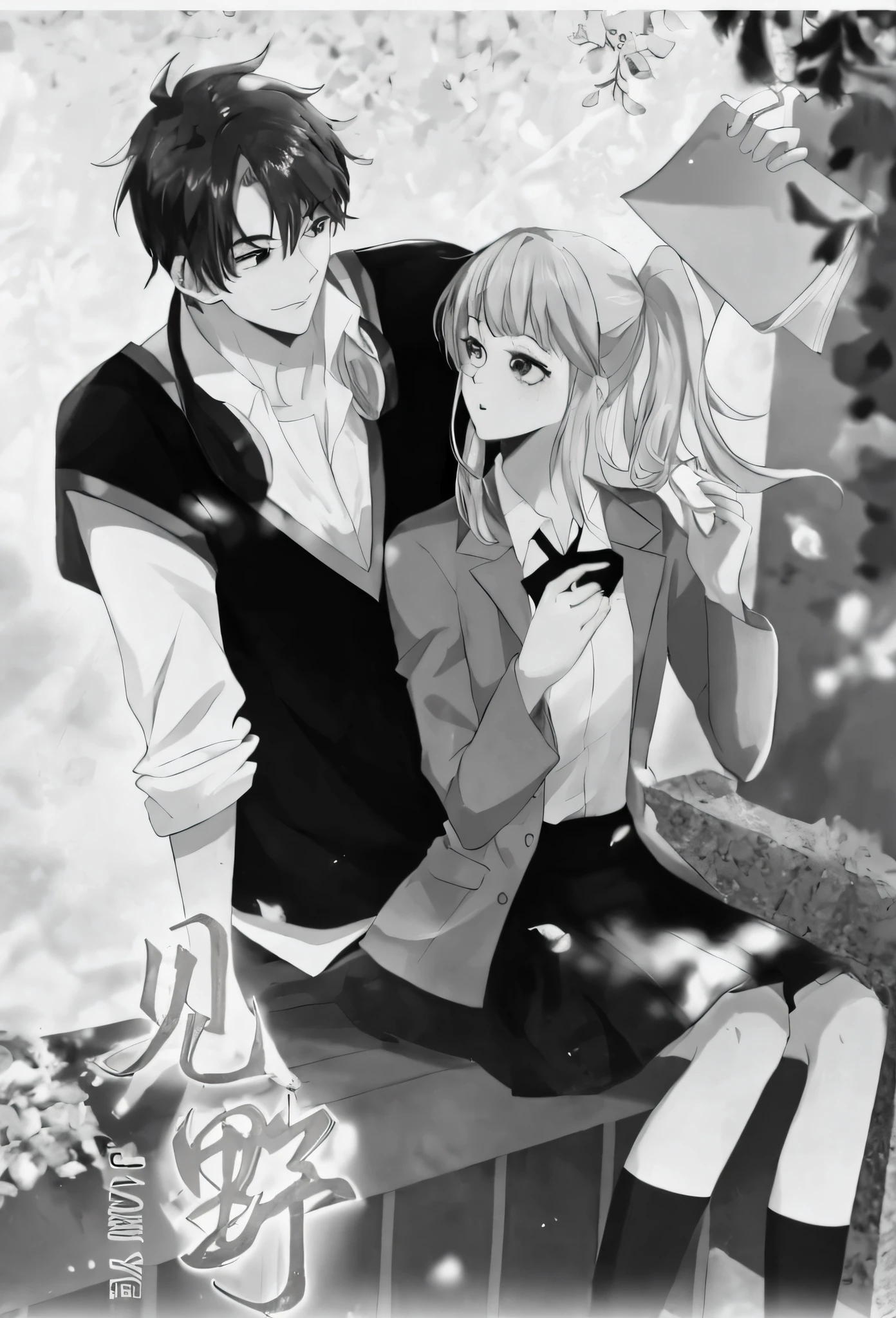 Anime couple, the heroine sits on a bench on campus and looks at the male protagonist, the male protagonist stands behind him and holds a book to shade the female protagonist from the sun, there is a tree, black and white manga style, fixed anime, shoujo romance, black and white manga, by Shingei, high-quality fan art, Yandere. "Tall Above", Kikukawa Eiyama, Kamagurka, inspired by Okumura Tokei, Ike no Ohga