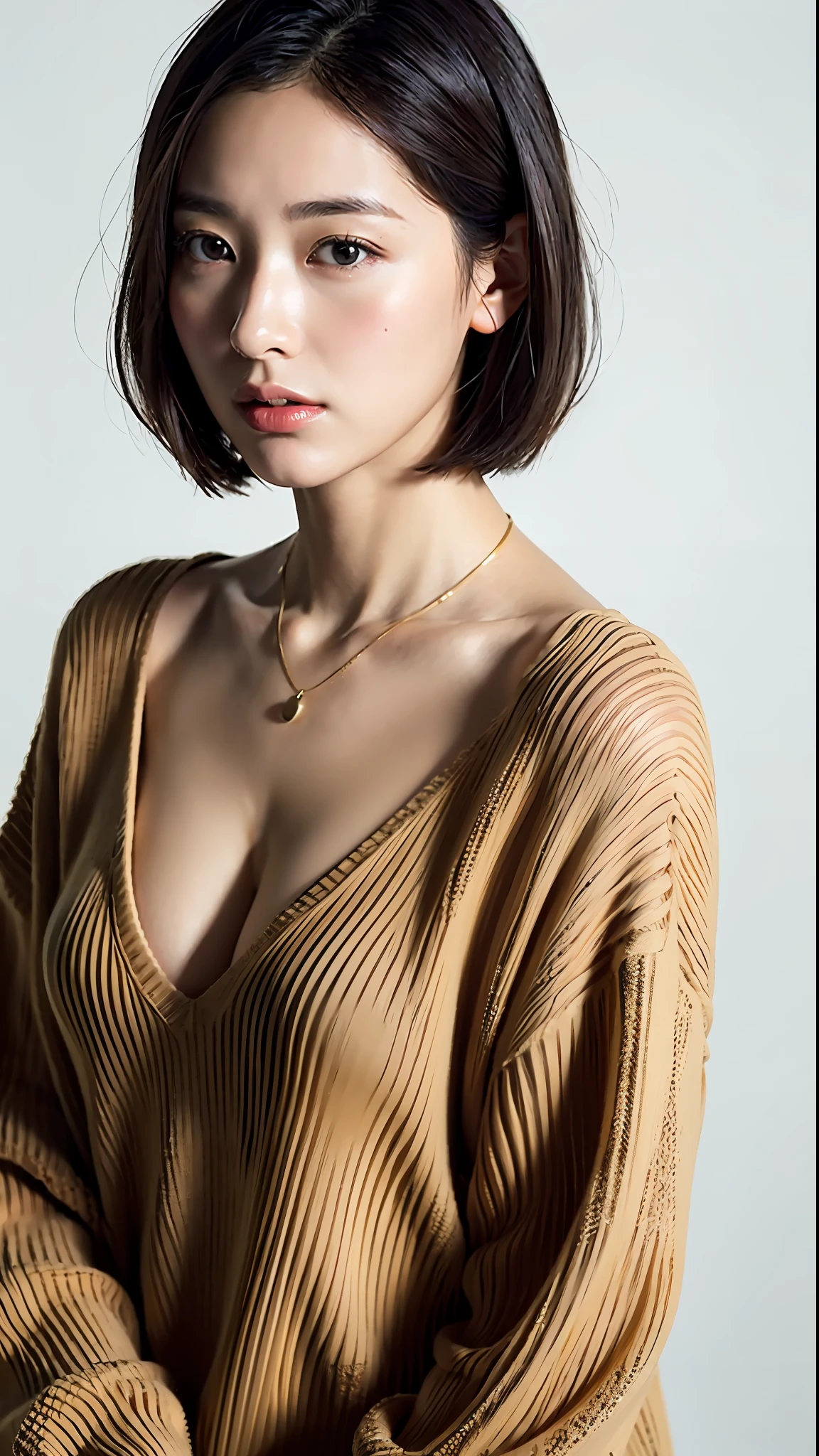 (Best Quality, 8k, 32k, Masterpiece, UHD: 1.2), cute Japan woman photo, big breasts, very short bob hair, upper body, face focus, oversized_sweater, necklace, simple background, from above, looking at the viewer, sexy shot, ahe face
