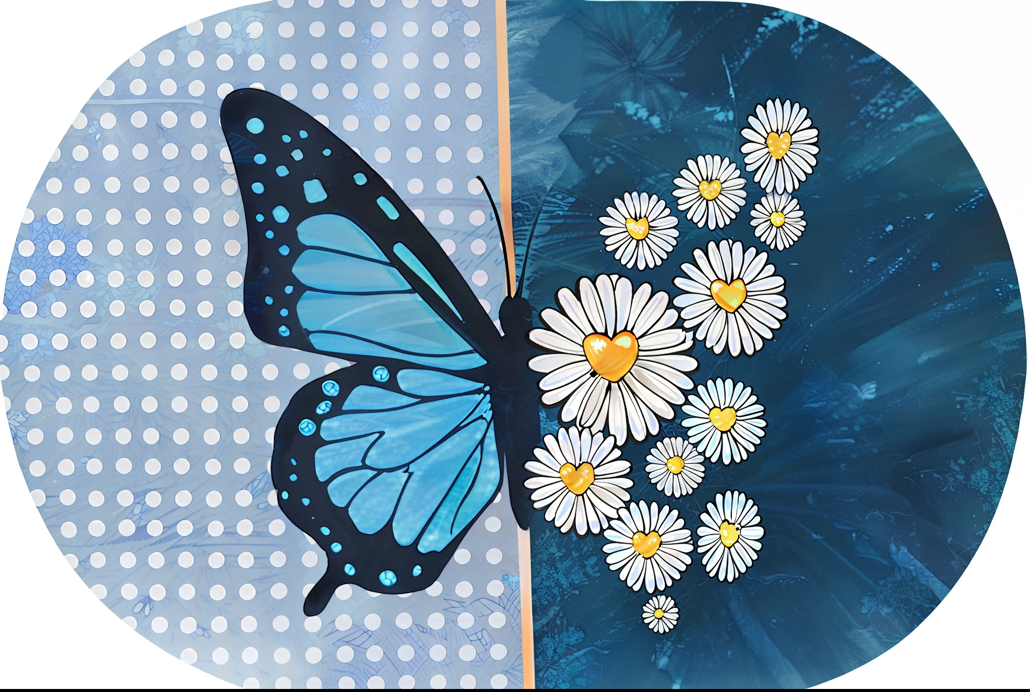 there is a blue butterfly with white flowers on it, flowers and butterflies, butterfly pop art, butterfly, harmony of butterfly, by Paul Davis, flower butterfly vest, butterfly wings, beatrice blue, butterflies, daisy, by Rainer Maria Latzke, by Dietmar Damerau, by rainer hosch, 2020, 2 0 2 0