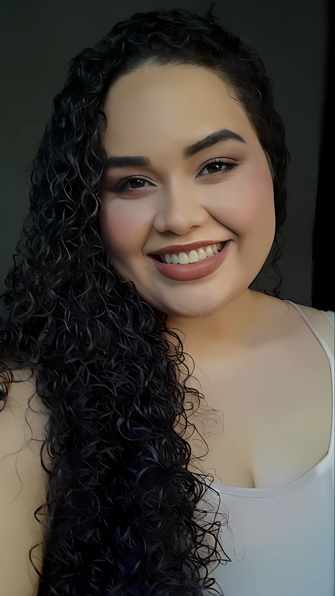 smiling woman with long black curly hair and white tank top, alanis guillen, closeup headshot, headshot profile picture, headshot photo, glamour shot, headshot portrait, beautiful and smiling, close up half body shot, violet myers, portrait image, headshot, detailed portrait shot, medium close up portrait, profile shot, closeup headshot portrait, halfbody headshot
