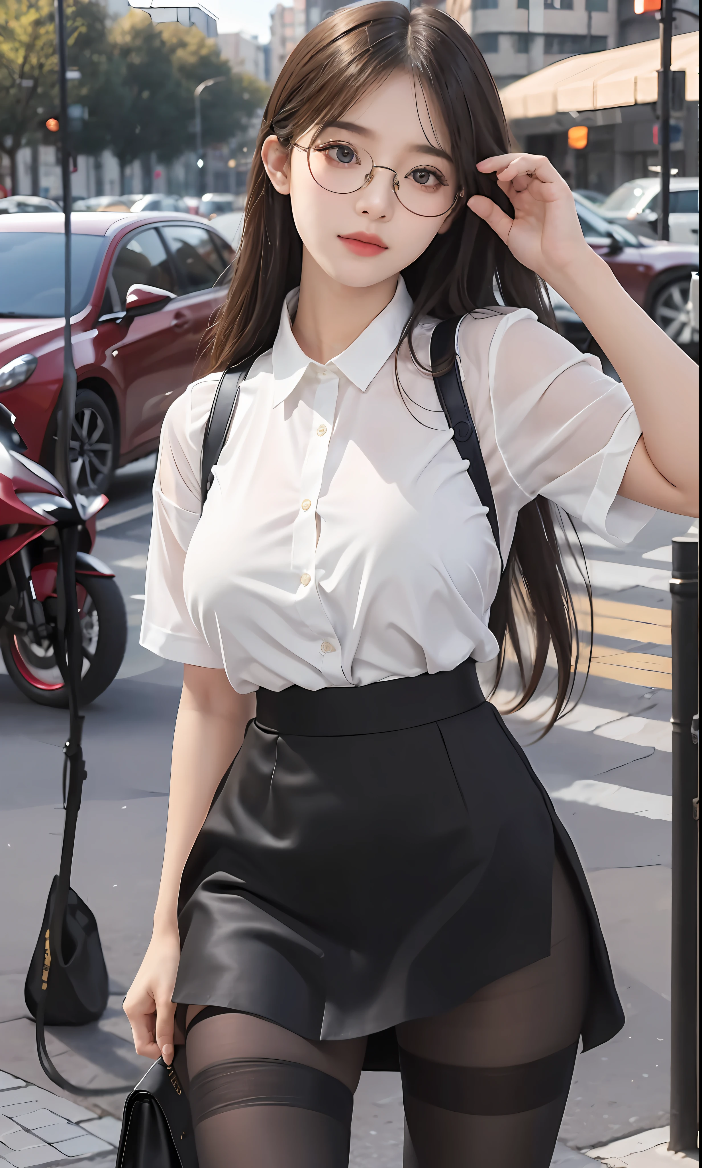 ulzzang-6500-v1.1, (raw photo:1.2), (photorealistic:1.4), beautiful detailed girl, very detailed eyes and face, beautiful detailed eyes, ridiculous, incredibly ridiculous, huge file size, super detailed, high resolution, very detailed, best quality, masterpiece, ((fashion clothing with diverse colors)), illustration, very detailed, CG, unified, 8k wallpaper, amazing, fine detail, masterpiece ,best quality, very detailed CG uniform 8k wallpaper, light on face, movie lighting, 1girl, , long white hair, side splits, (big breasts), (no panties)), (glasses), ((dynamic pose))), ((sexy pose))), (camel toe), (half), (pantyhose)), ((black hip skirt))
