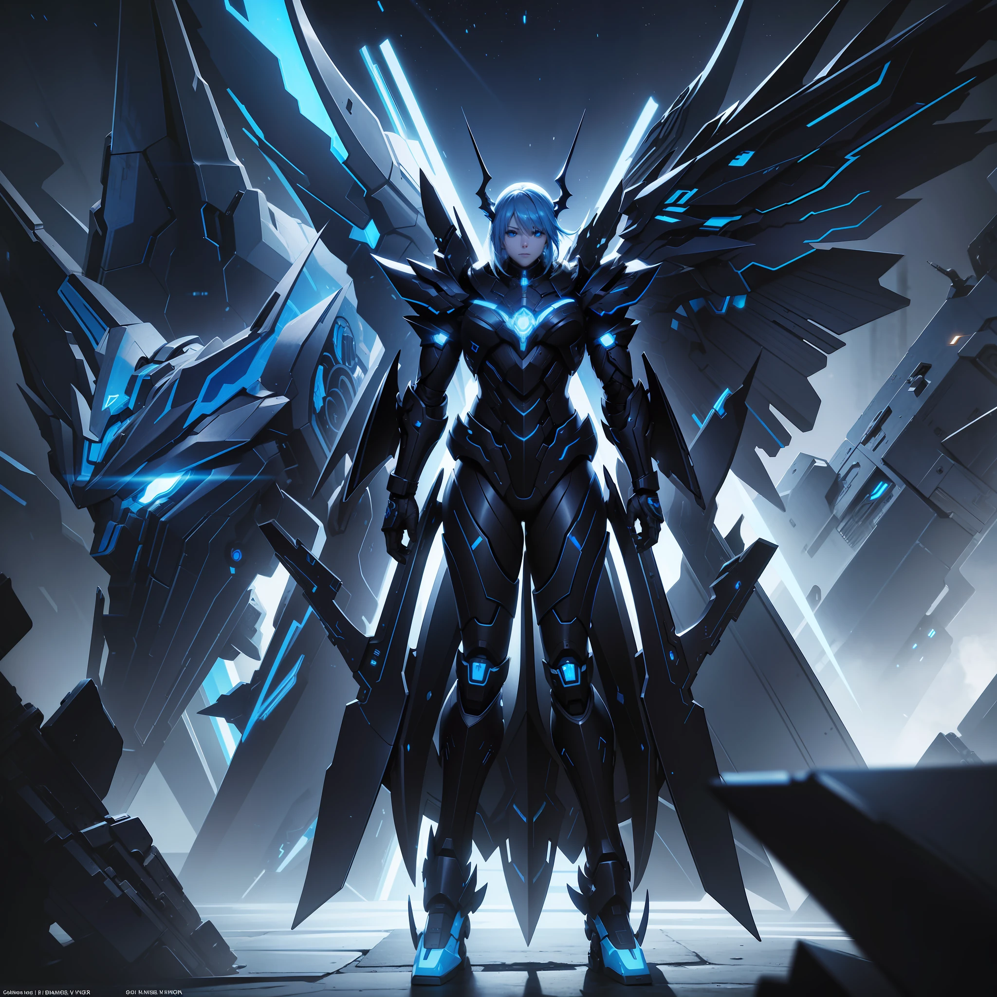 Full body, high maneuverability six-winged angel blue mech, blue eyes, dragon horn, Verism, chiaroscuro, cinematic lighting, backlight, scan line, speed line, UHD, best quality, cyberpunk style blue mech, realism, realism, Unreal engine