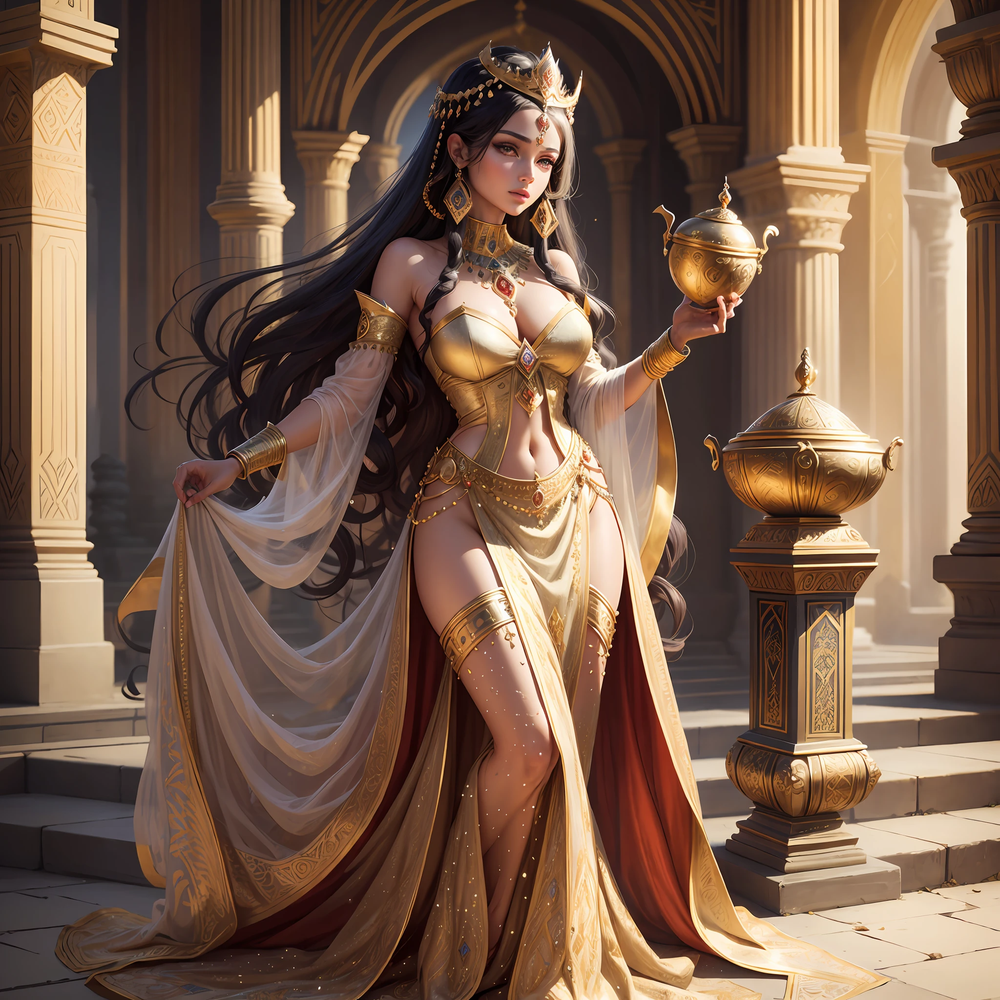 Best Quality, Masterpiece, Artwork, Ultra Definition, Phenomenal Beauty, Queen Vashti, Vashti, Princess of Babylon, Phenomenal Beauty, Persian Princess, Nebuchadnezzar's Nera, Queen, Queen Vashti, Vashti, Beauty, Beautiful, Full Body, Traditional Clothes, Persian, Long Dress, Crown, Gold Dress, Perfect Face.