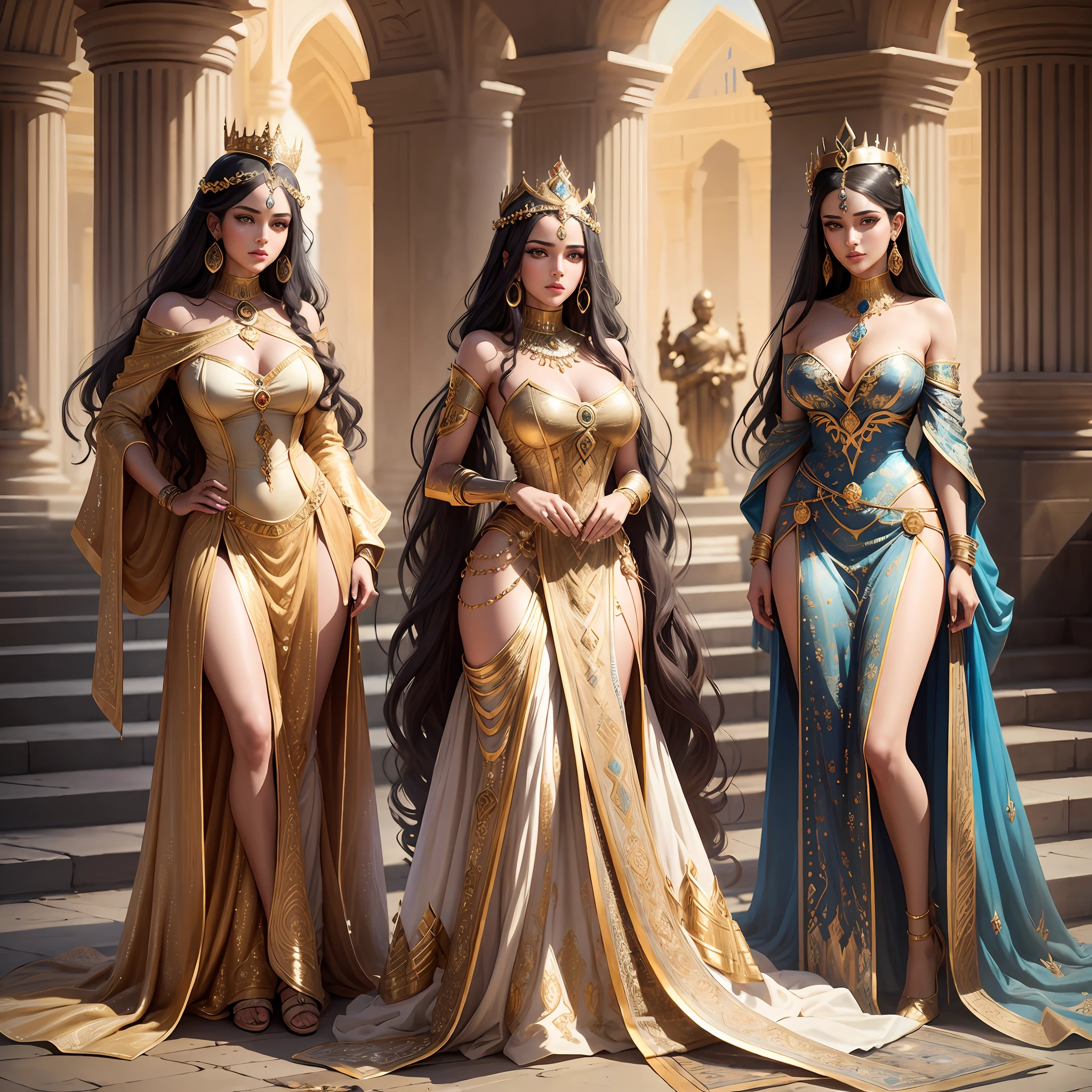 Best Quality, Masterpiece, Artwork, Ultra Definition, Phenomenal Beauty, Queen Vashti, Vashti, Princess of Babylon, Phenomenal Beauty, Persian Princess, Nebuchadnezzar's Nera, Queen, Queen Vashti, Vashti, Beauty, Beautiful, Full Body, Traditional Clothes, Persian, Long Dress, Crown, Gold Dress, Perfect Face.