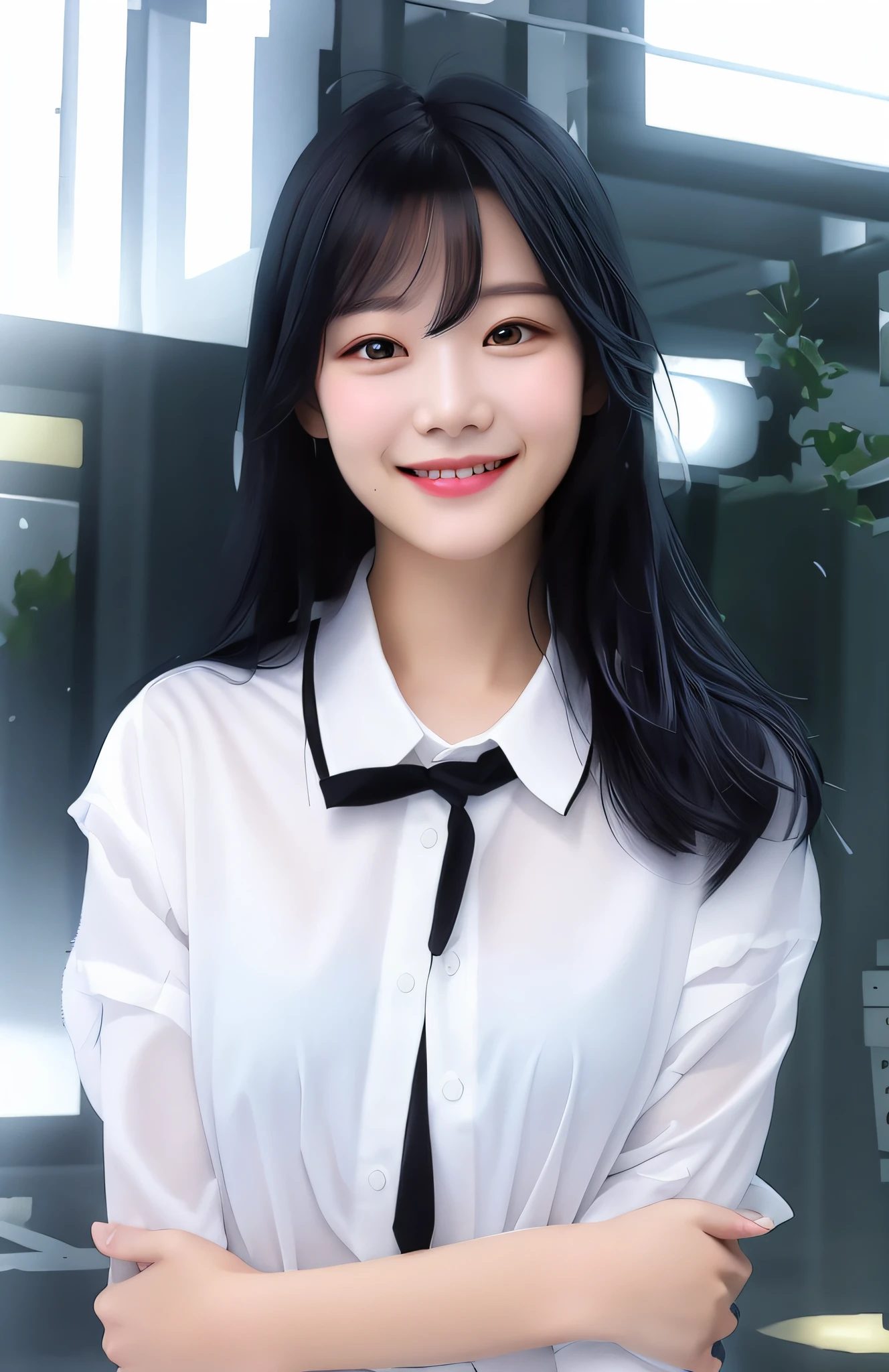 Smile, black hair, white shirt