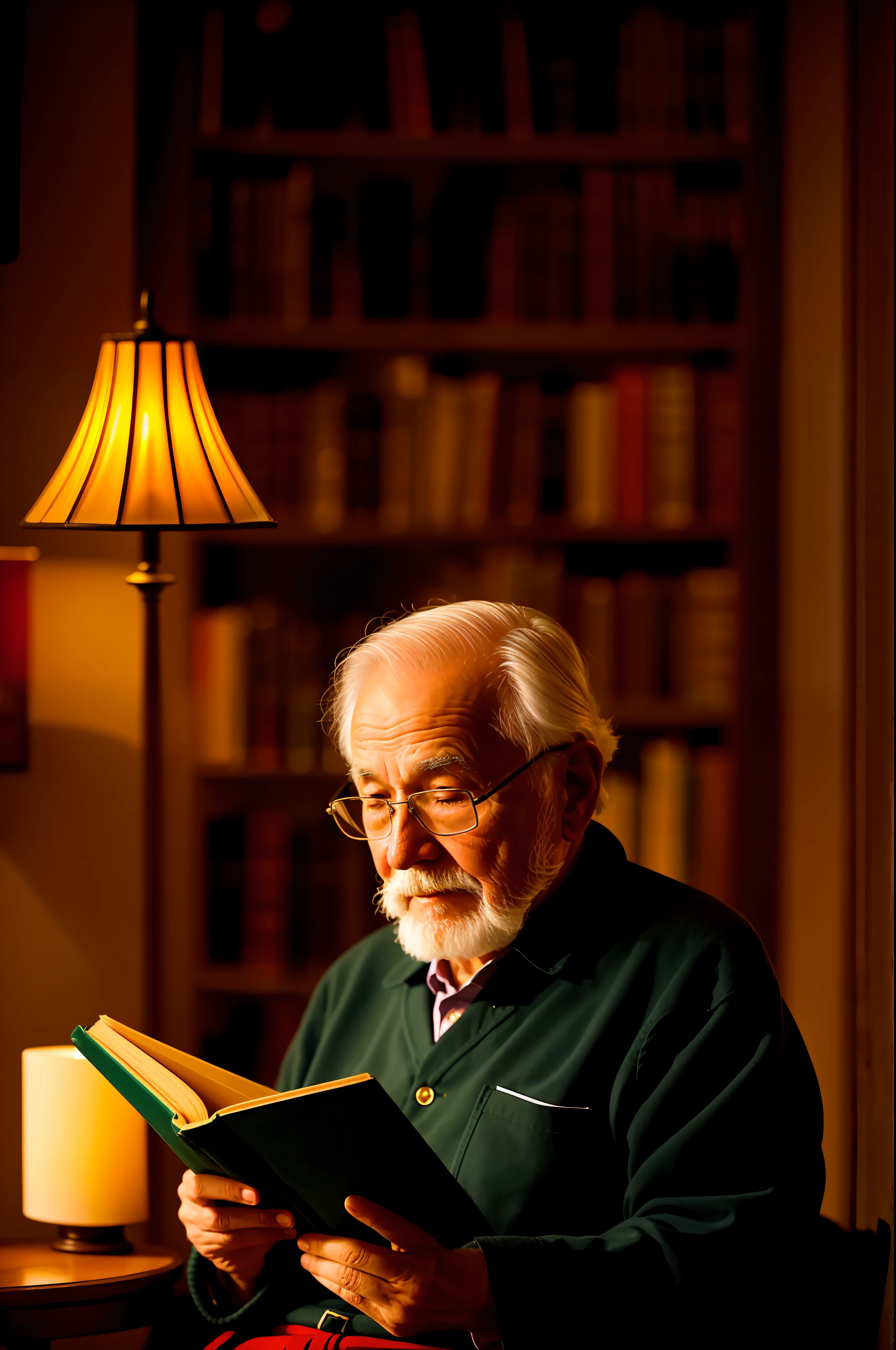 an old man reading an old book, twilight light, warm atmosphere, cultured atmosphere