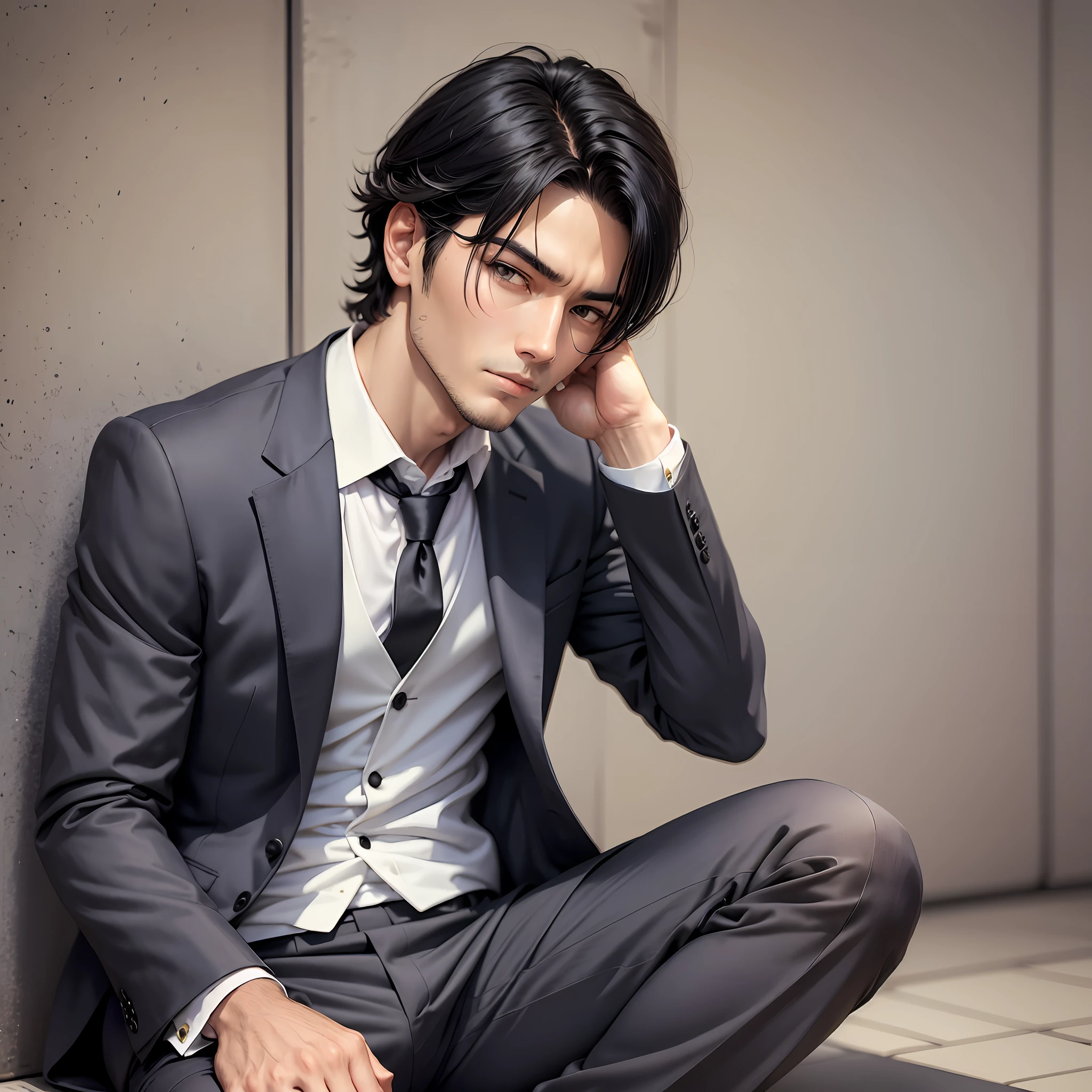 Man dressed in suit, thoughtful look of black hair, sitting on a meter of tokio --auto --s2
