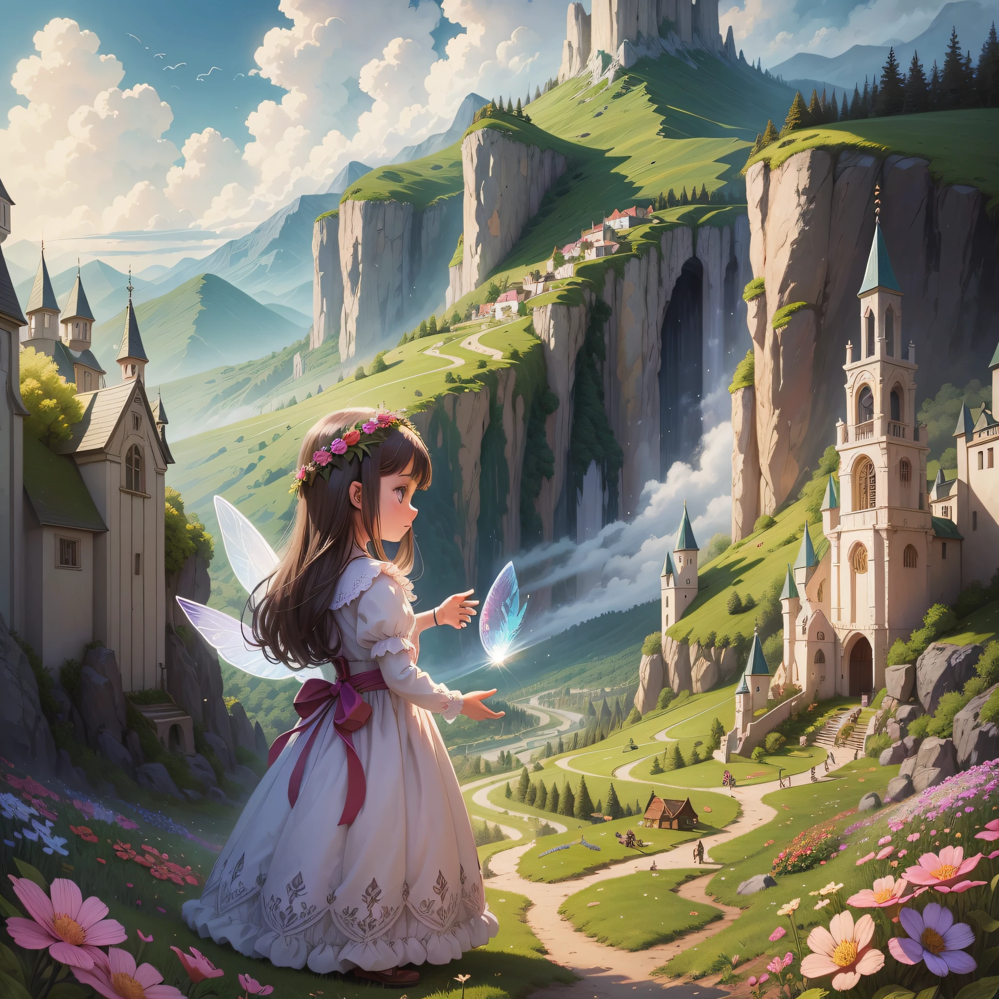  in her garden receiving a magical seed of a beautiful fairy with beautiful wings to plant in her garden with a landscape on the background of mountains bright colors beautiful drawing for children to love --auto --s2