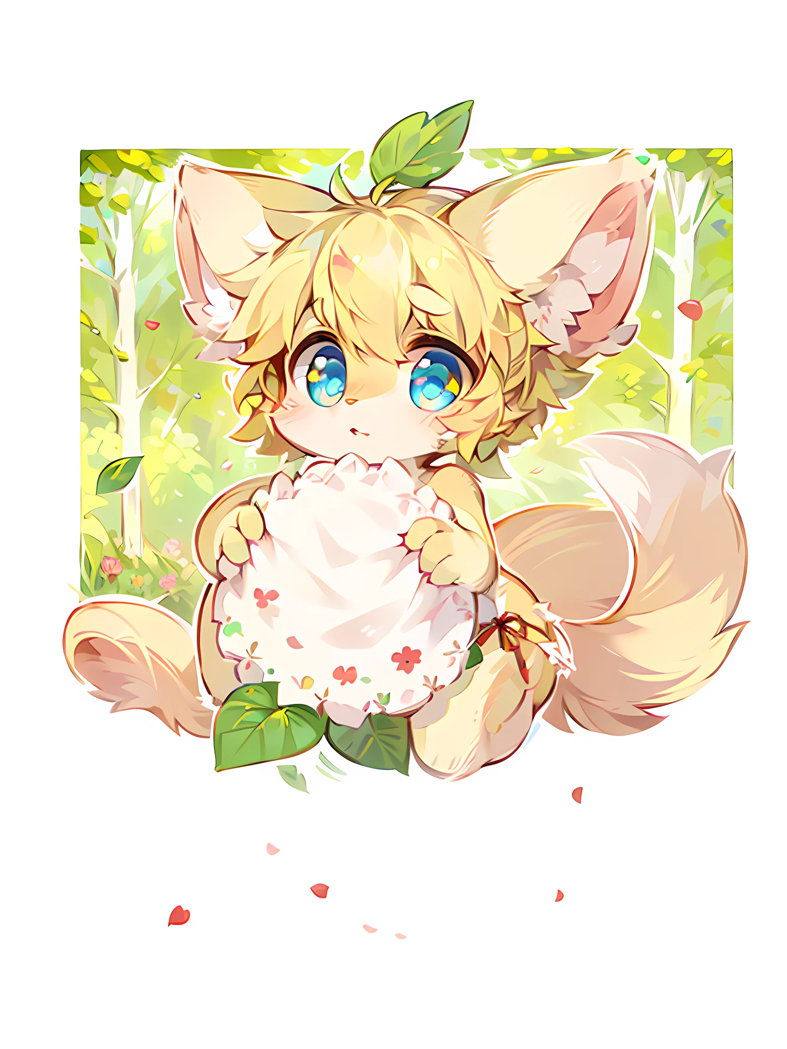 ((Masterpiece)), highest image quality ((furry)), ((pair of yellow cat ears)), ((cat tail)), blue pupils, short hair, leaves, delicate hair, delicate skin, cute, yellow hair, dull hair, delicate eyes, cute beast, rose petals floating in the air, a leaf on the head, Zhengtai, white clouds, forest, sunlight, hair fluttering, garden, masterpiece, wild rose bushes, clover, silly painting style