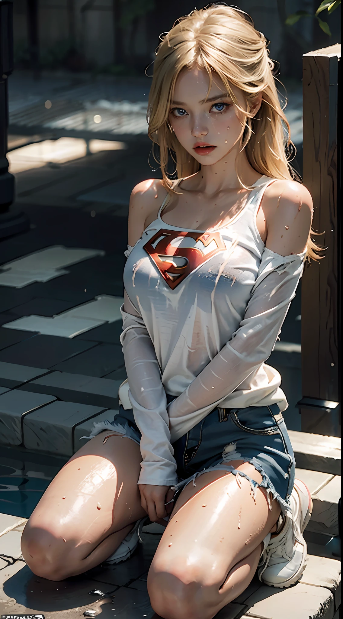 Best image quality, Supergirl masterpiece, super high resolution, (fidelity: 1.4), photo, 1 blonde girl, blue eyes, white shirt with symbolSdosupermannochest, ripped jeans, white sneakers, dark, darkness, despair, pity, poor, film, tears, teardrops, (torn clothes: 1.5), (wet clothes: 1.4), bare shoulders, real rain, wet hair,..