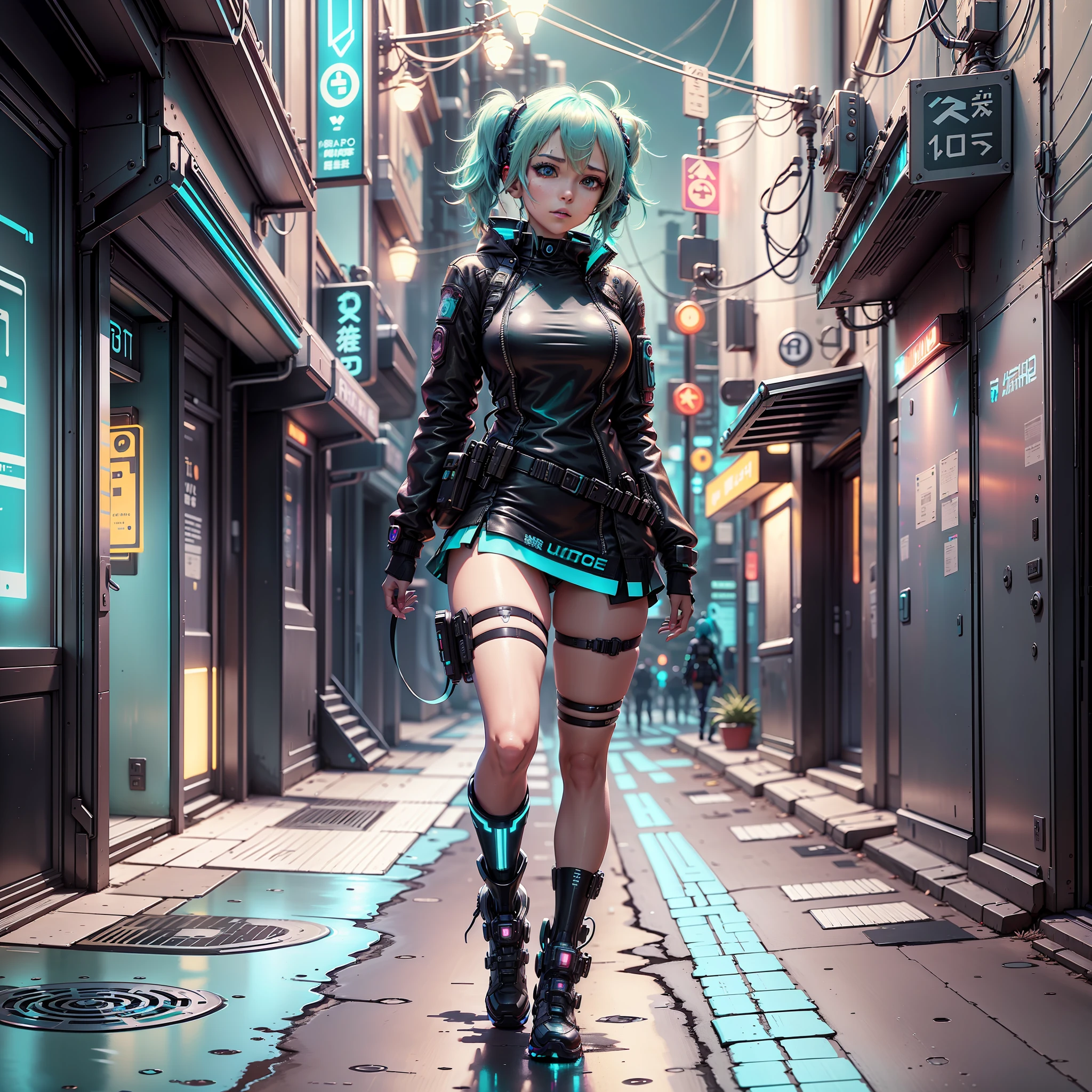 woman in police uniform walking down a street, Hatsune Miku cosplay, female cyberpunk anime girl, cyberpunk anime, cyberpunk anime girl, anime cosplay, cyberpunk girl, anime girl in real life, cyberpunk streets in, cyberpunk style, cyberpunk outfit, has cyberpunk style, oppai cyberpunk, full cosplay --auto --s2