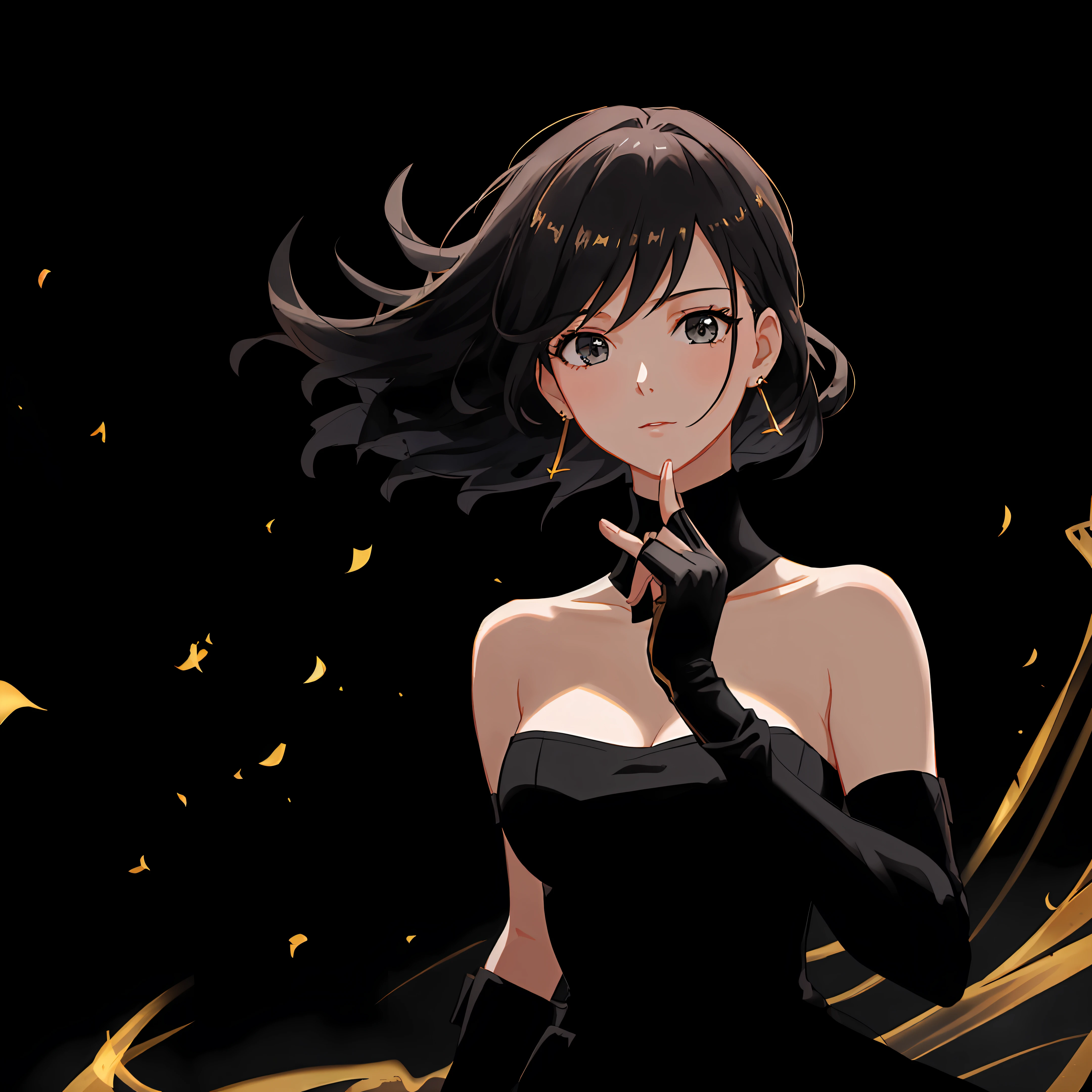 yor briar, (photorealistic), beautiful girl,

backlighting, bare shoulders, black background, black dress, black gloves, black hair, breasts, closed mouth, cowboy shot, dress, earrings, expressionless, fingerless gloves, floating hair, gloves, gold earring...