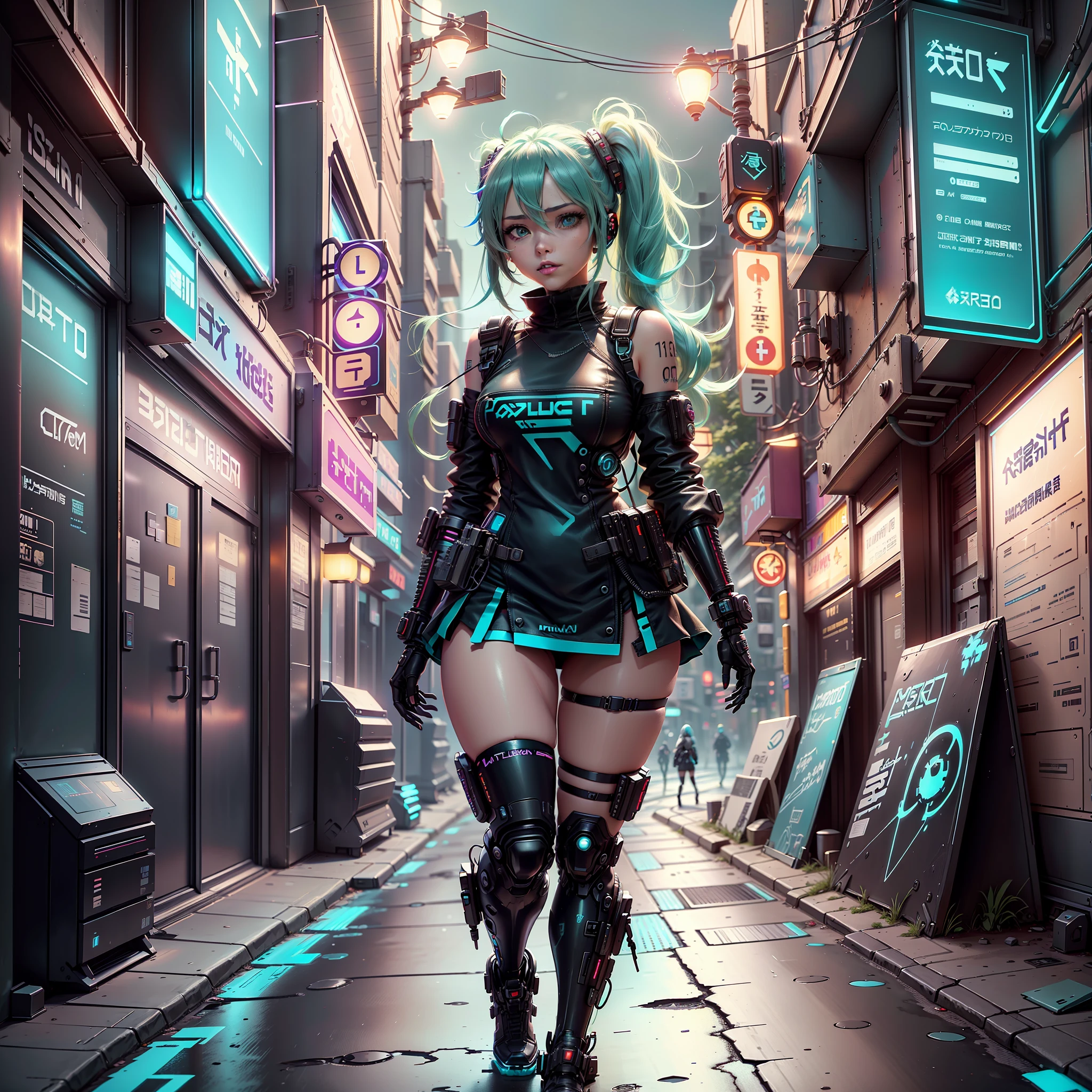 woman in police uniform walking down a street, Hatsune Miku cosplay, female cyberpunk anime girl, cyberpunk anime, cyberpunk anime girl, anime cosplay, cyberpunk girl, anime girl in real life, cyberpunk streets in, cyberpunk style, cyberpunk outfit, has cyberpunk style, oppai cyberpunk, full cosplay --auto --s2