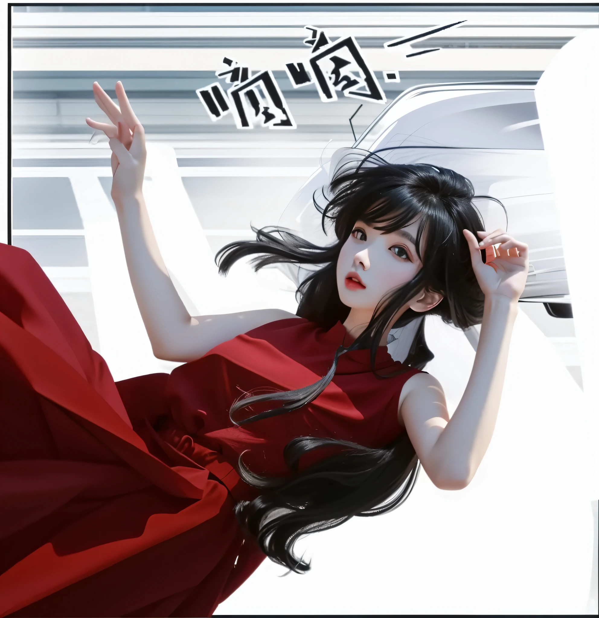 A girl in a red dress was hit by a car on the highway, instant capture, black long hair, black hair, black long straight, black hair, red long skirt, dark red skirt, long skirt, real shot, lens blur, realism, photo, combination of virtual and real, depth of field, F1.8, Canno SLR shooting