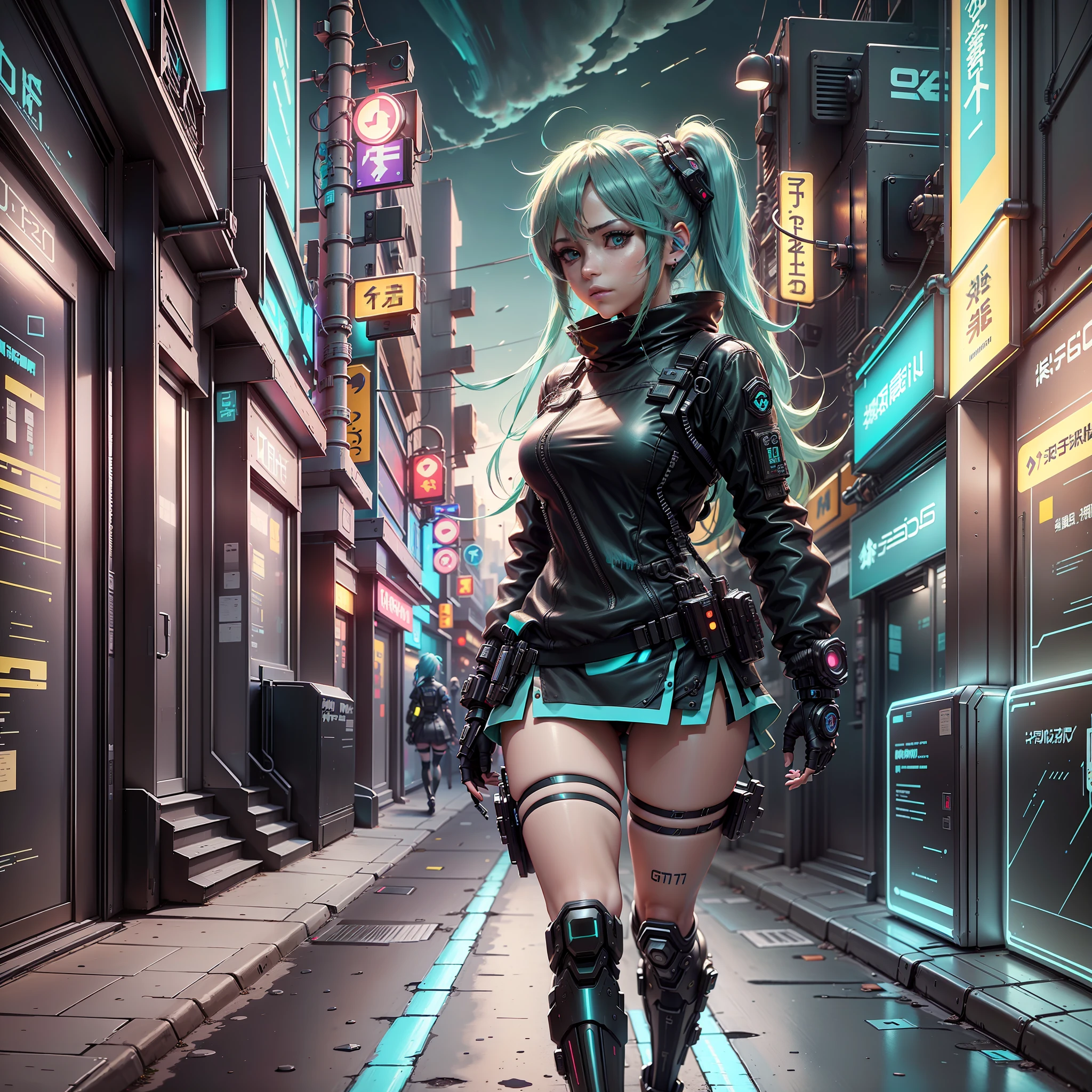 woman in police uniform walking down a street, Hatsune Miku cosplay, female cyberpunk anime girl, cyberpunk anime, cyberpunk anime girl, anime cosplay, cyberpunk girl, anime girl in real life, cyberpunk streets in, cyberpunk style, cyberpunk outfit, has cyberpunk style, oppai cyberpunk, full cosplay --auto --s2