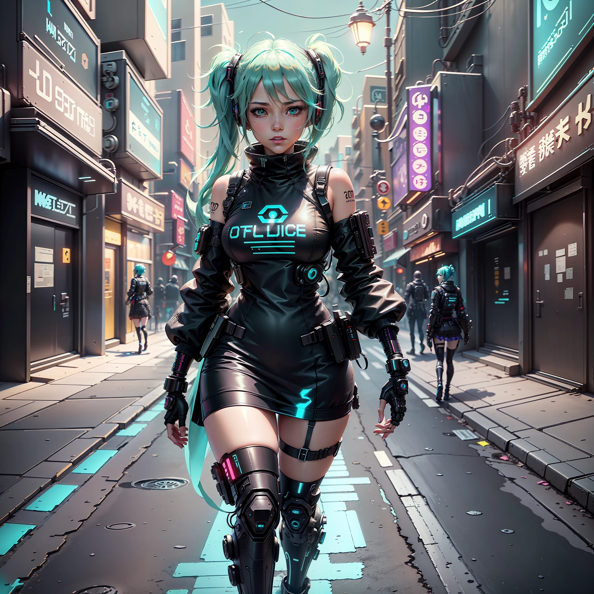 woman in police uniform walking down a street, Hatsune Miku cosplay, female cyberpunk anime girl, cyberpunk anime, cyberpunk anime girl, anime cosplay, cyberpunk girl, anime girl in real life, cyberpunk streets in, cyberpunk style, cyberpunk outfit, has cyberpunk style, oppai cyberpunk, full cosplay --auto --s2