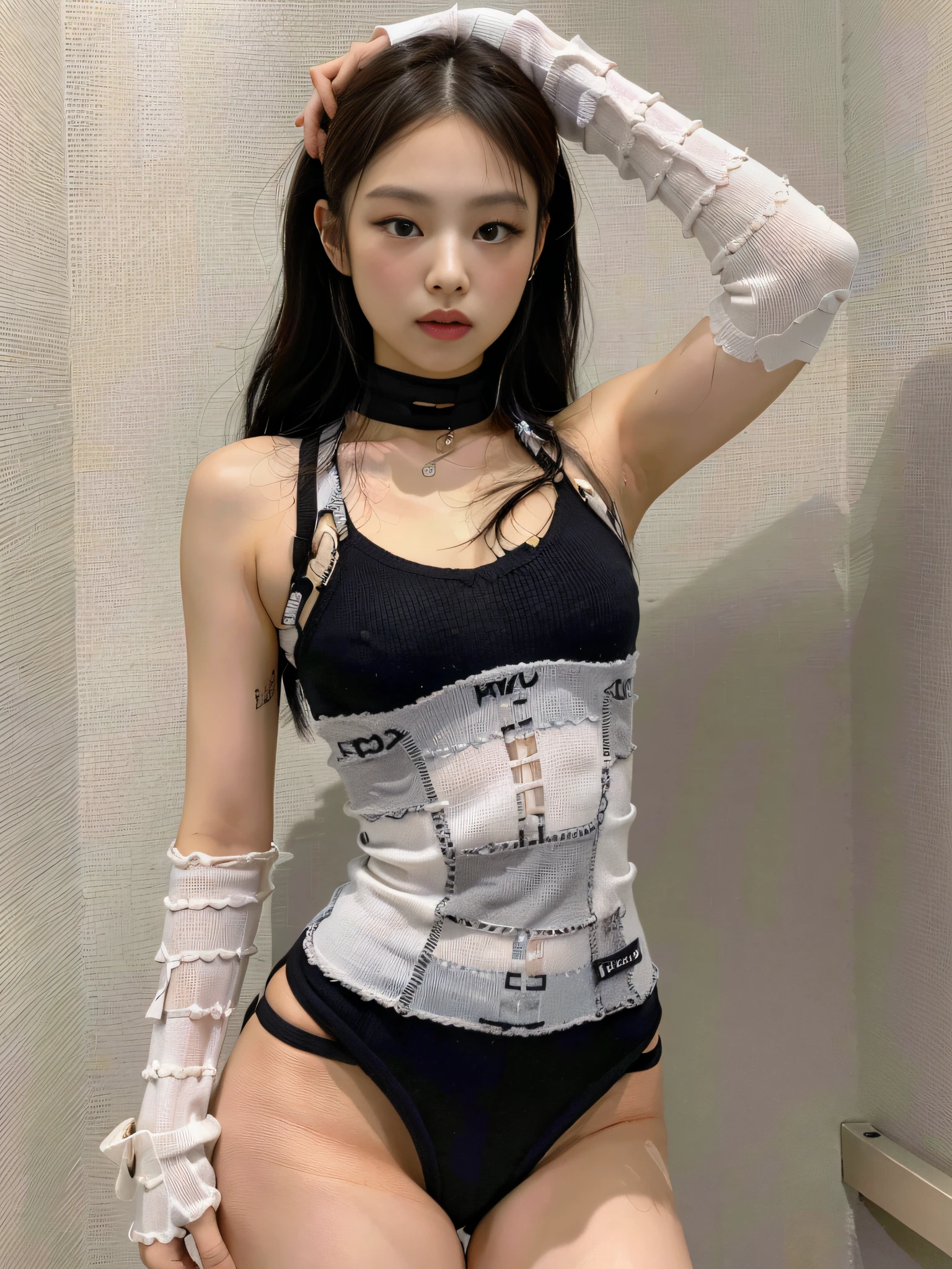 (1girl:1.3), Solo, __body-parts__, Kim Ji-ni Jennie Face, Kim Ji-ni Jennie Face, Kim Ji-ni Jennie Face, Knitted Gray Deconstructed Top, Straps, Heroic Characters, Ruins, Full Body Shot, Gray-Black Tones, 8K Resolution Image, Intricate Symmetry Details. The whole picture is invincible and heroic, mainly a complete picture of a woman standing all over her body, with smooth movements and a confident expression.