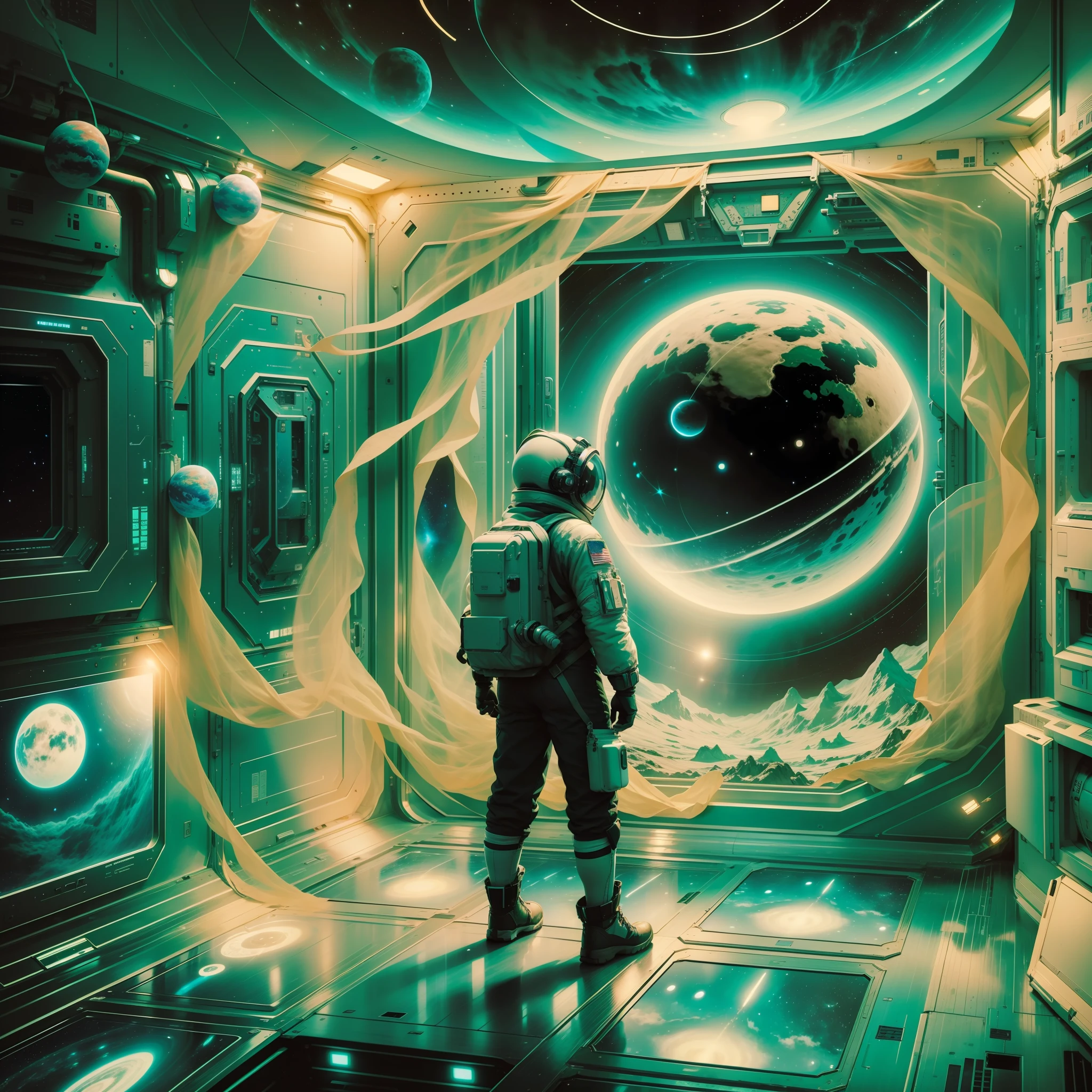 A person standing inside the space station looks out through the window, outside is the starry sky and a planet exactly like the earth, background space station, background details --auto --s2