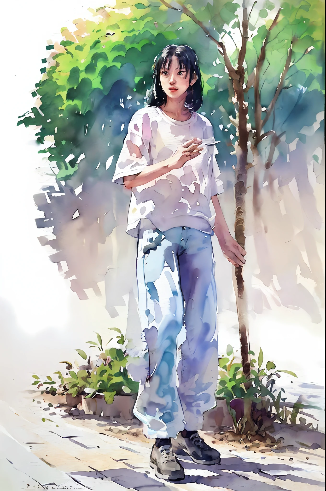 (upper body: 1.5),(white background:1.4), ((tachi-e)), original,(illustration:1.1),(best quality),(masterpiece:1.1),(extremely detailed CG unity 8k wallpaper:1.1), (colorful:0.9),(panorama shot:1.4),(full body:1.05),(solo:1.2), (ink splashing),(color splashing),((watercolor)), clear sharp focus,{ 1girl standing },((chinese style )),flower  background,outdoors,rocks, looking at viewer, make happy expressions,soft smile,pure,beautyfull detailed face and eyes,beautyfull intricacy clothing decorative pattern details, black hair,black eyes,colorwater