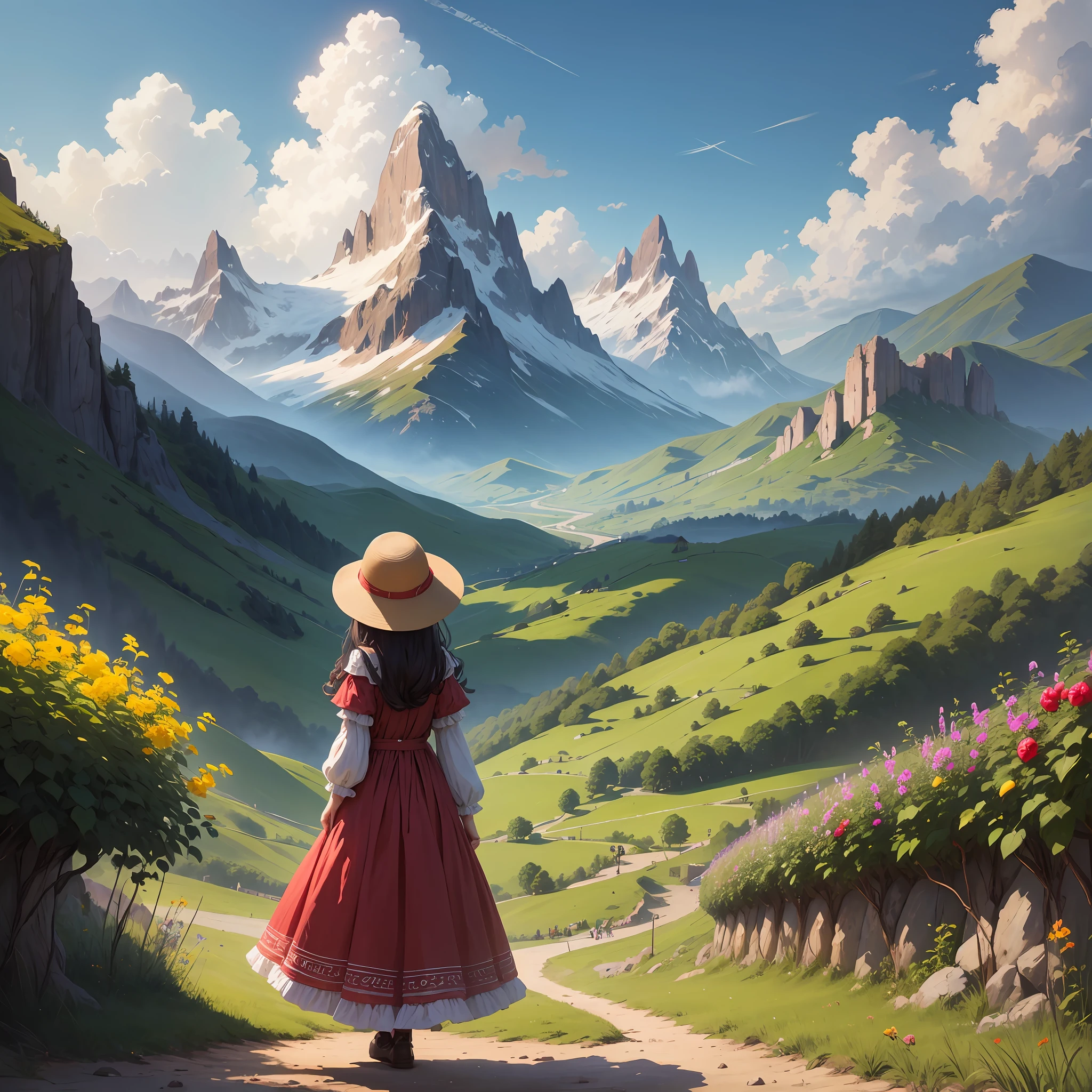 Little girl in long dress picking beautiful fruits from the tree in her garden and in the background a beautiful landscape of mountains bright colors beautiful design --auto --s2