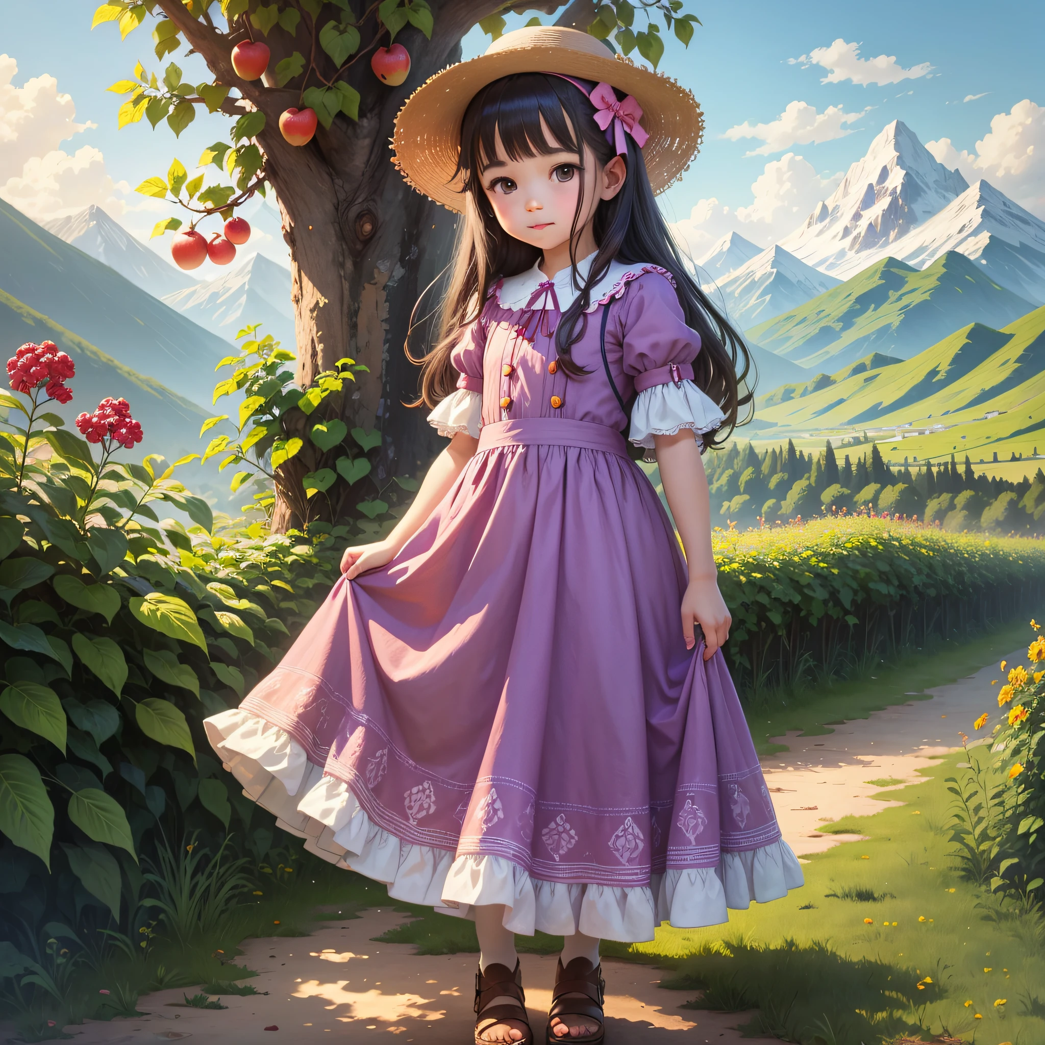 Little girl in long dress picking beautiful fruits from the tree in her garden and in the background a beautiful landscape of mountains bright colors beautiful design --auto --s2