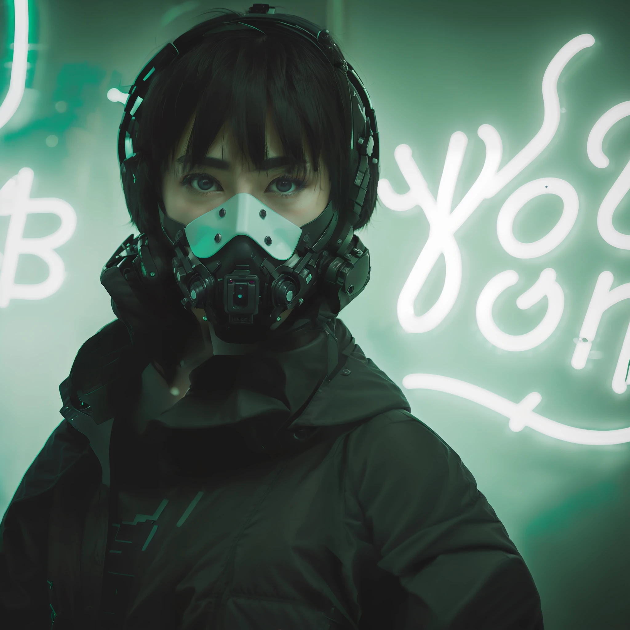Photo DSLR, a woman with short black hair standing in front of a green neon sign, tech mask, jacket, in the rain, NeonNoir, hard shadow, masterpiece, best quality, Intricate, High Detail, 8k, modelshoot style, film grain