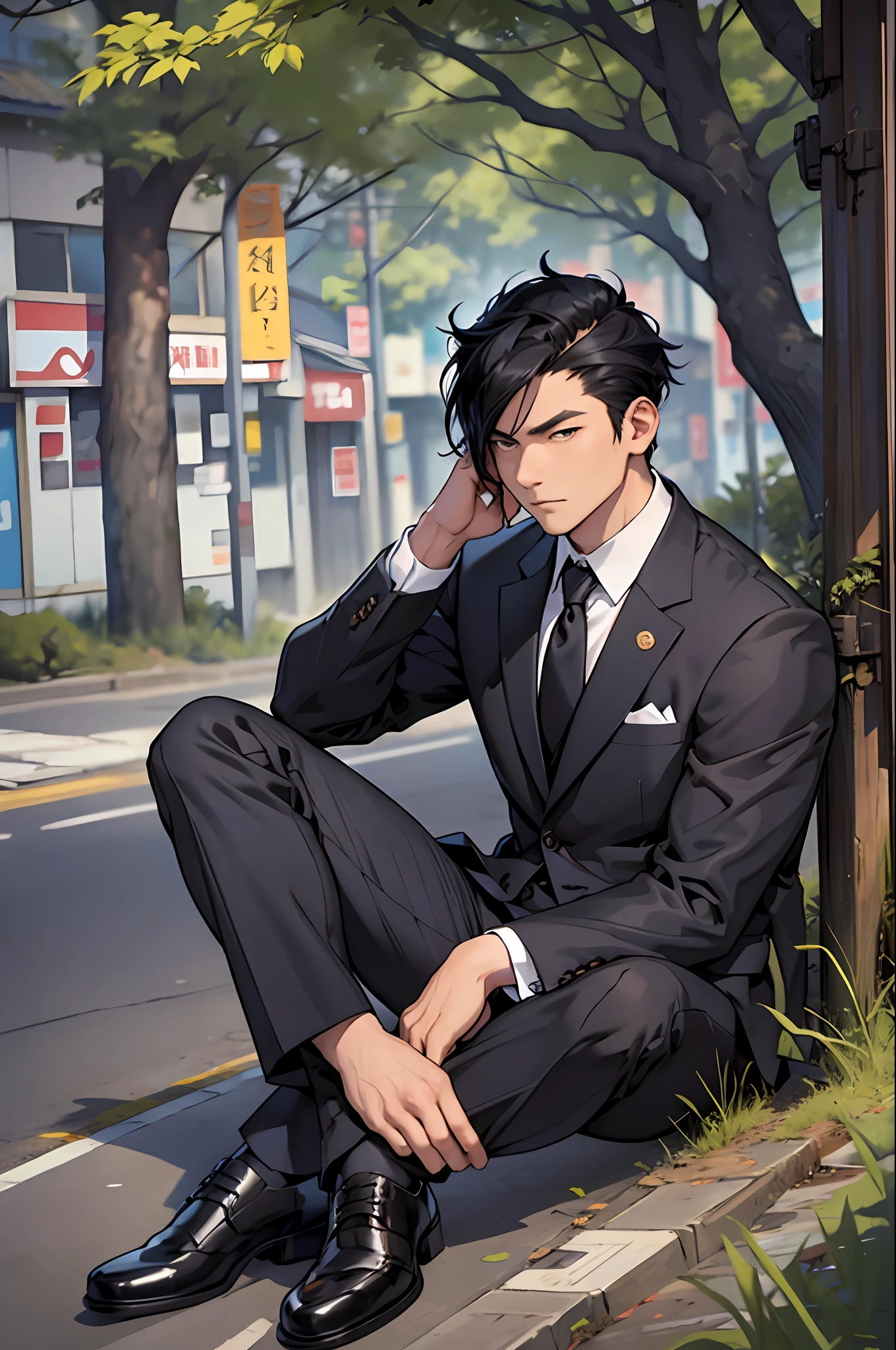 Man dressed in suit, thoughtful look of black hair, sitting within a meter of tokio --auto --s2