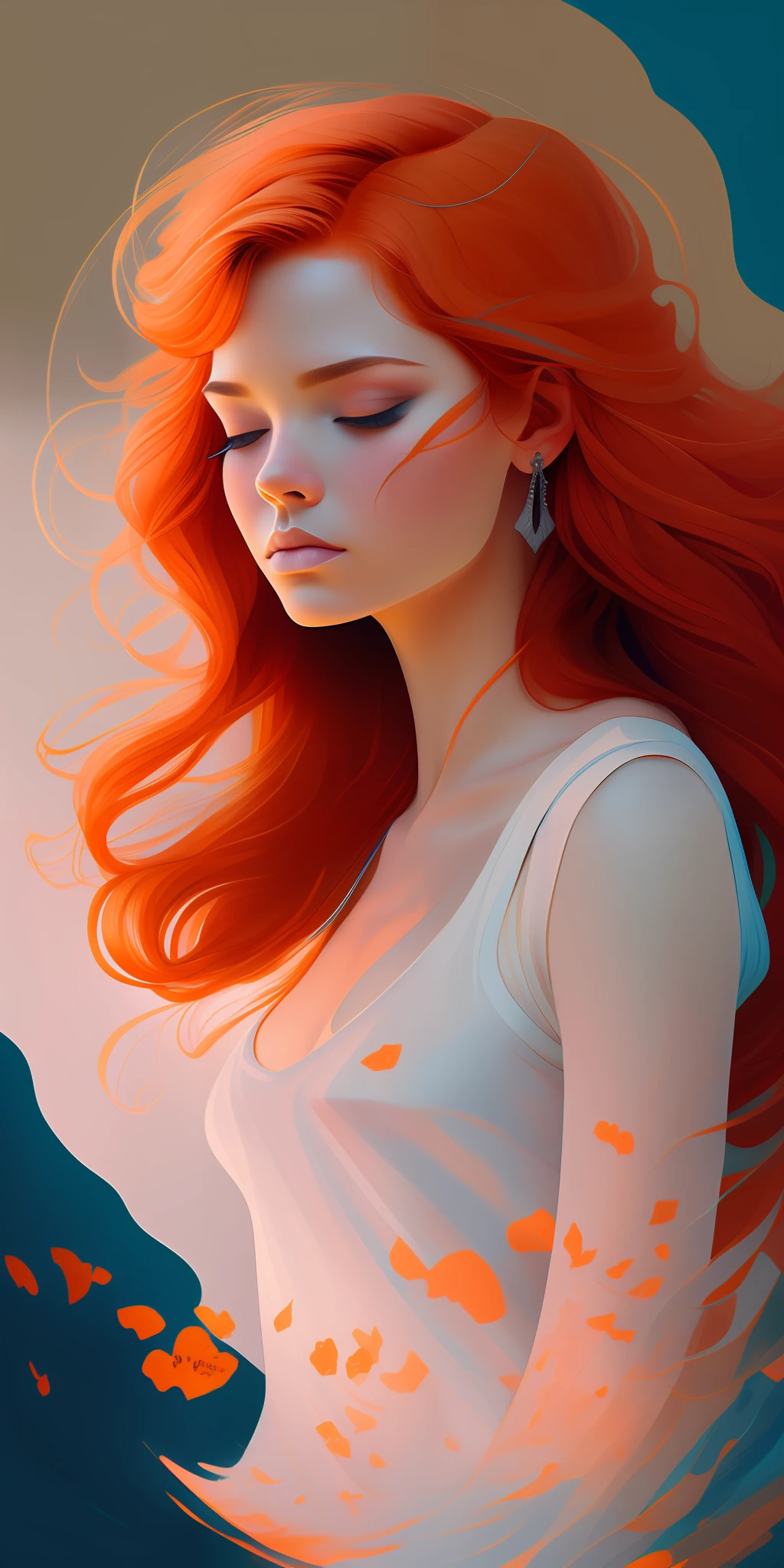 High resolution,best 8k,Painting of a woman with red hair and a white shirt, Lois Van Rossdraws, loose ginger hair, loish and wlop, wavy ginger hair, exquisite digital illustration, Moebius + loish + wlop, wlop loish style and clamp, beautiful character painting, beautiful digital illustration, Artgerm and James Jean, stunning digital illustration, flowing orange hair