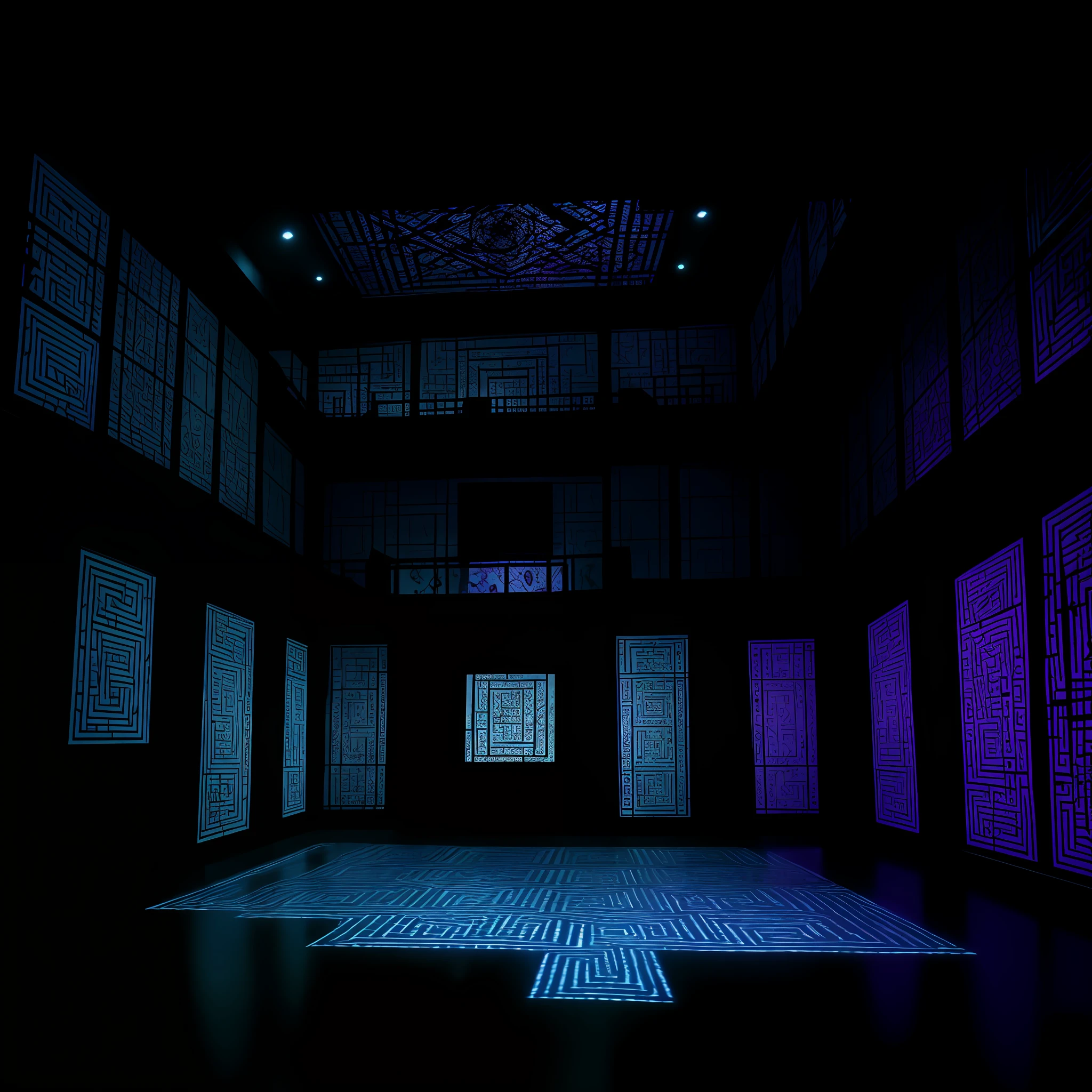 Indoor, rectangular indoor space that can accommodate 4 to 5 people, immersive haunted house, horror, blood, darkness, with projection and LED screen on the wall, holographic figures, riddles, mystery symbols, Chinese patterns, maze patterns, wheelchairs, mirrors on top, space is cut into mazes, future, technology,