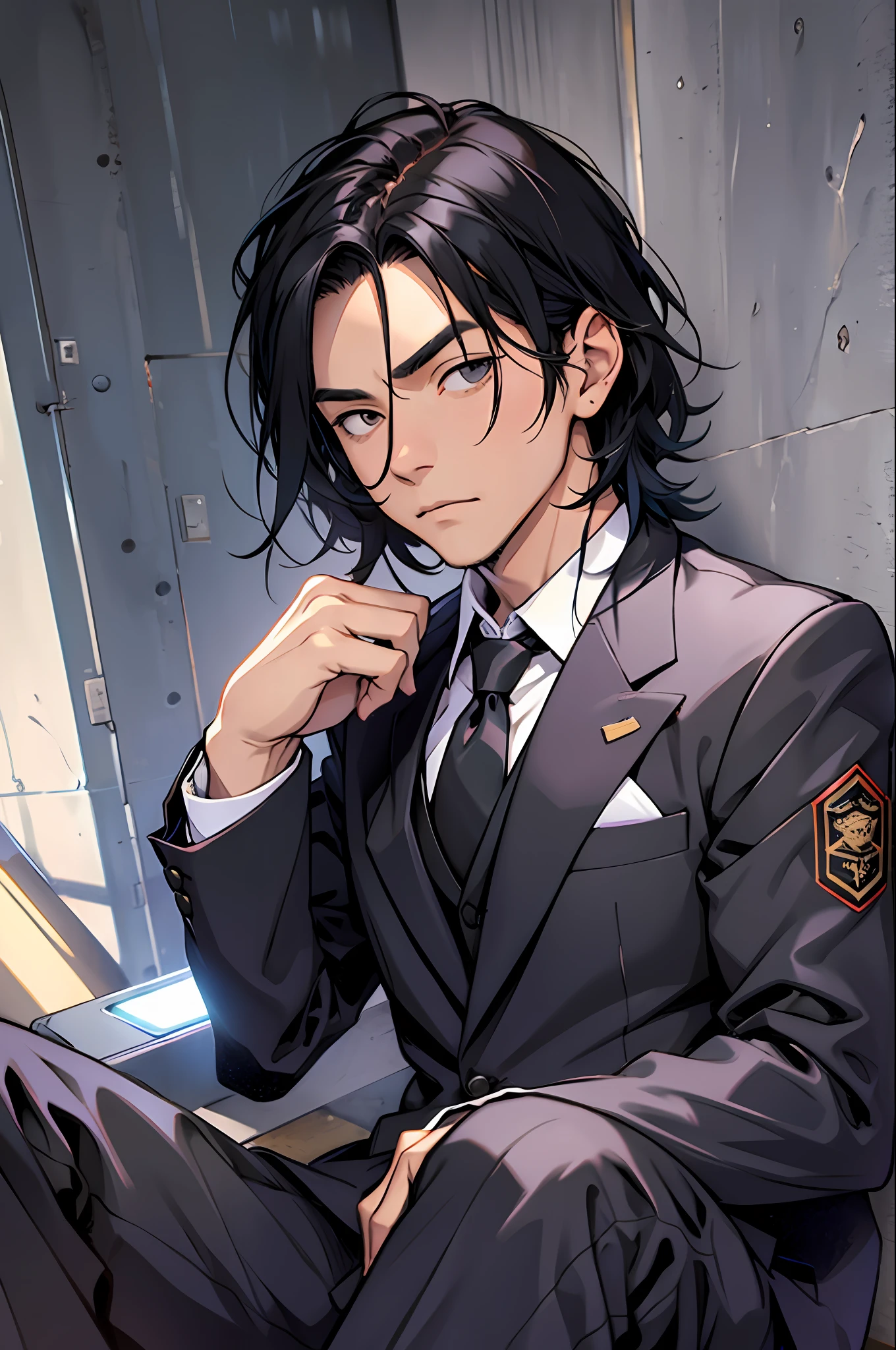 Man dressed in suit, thoughtful look of black hair, sitting within a meter of tokio --auto --s2