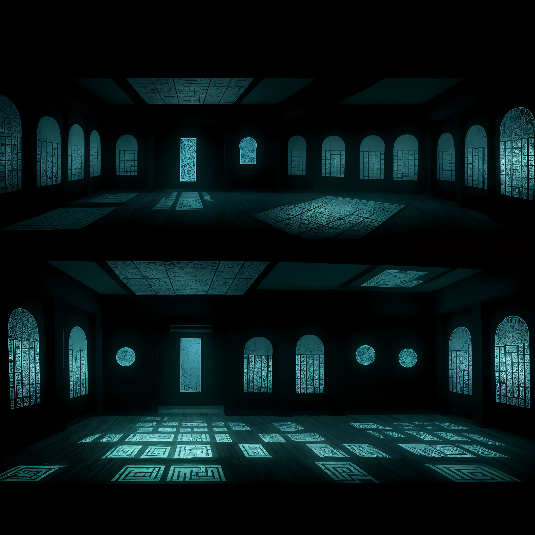 Indoor, rectangular indoor space that can accommodate 4 to 5 people, immersive haunted house, horror, blood, darkness, with projection and LED screen on the wall, holographic figures, riddles, mystery symbols, Chinese patterns, maze patterns, wheelchairs, mirrors on top, space is cut into mazes, future, technology,