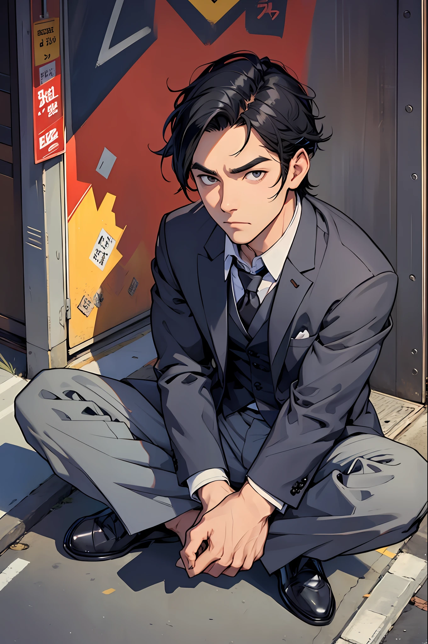 Man dressed in suit, thoughtful look of black hair, sitting on a meter of tokio --auto --s2