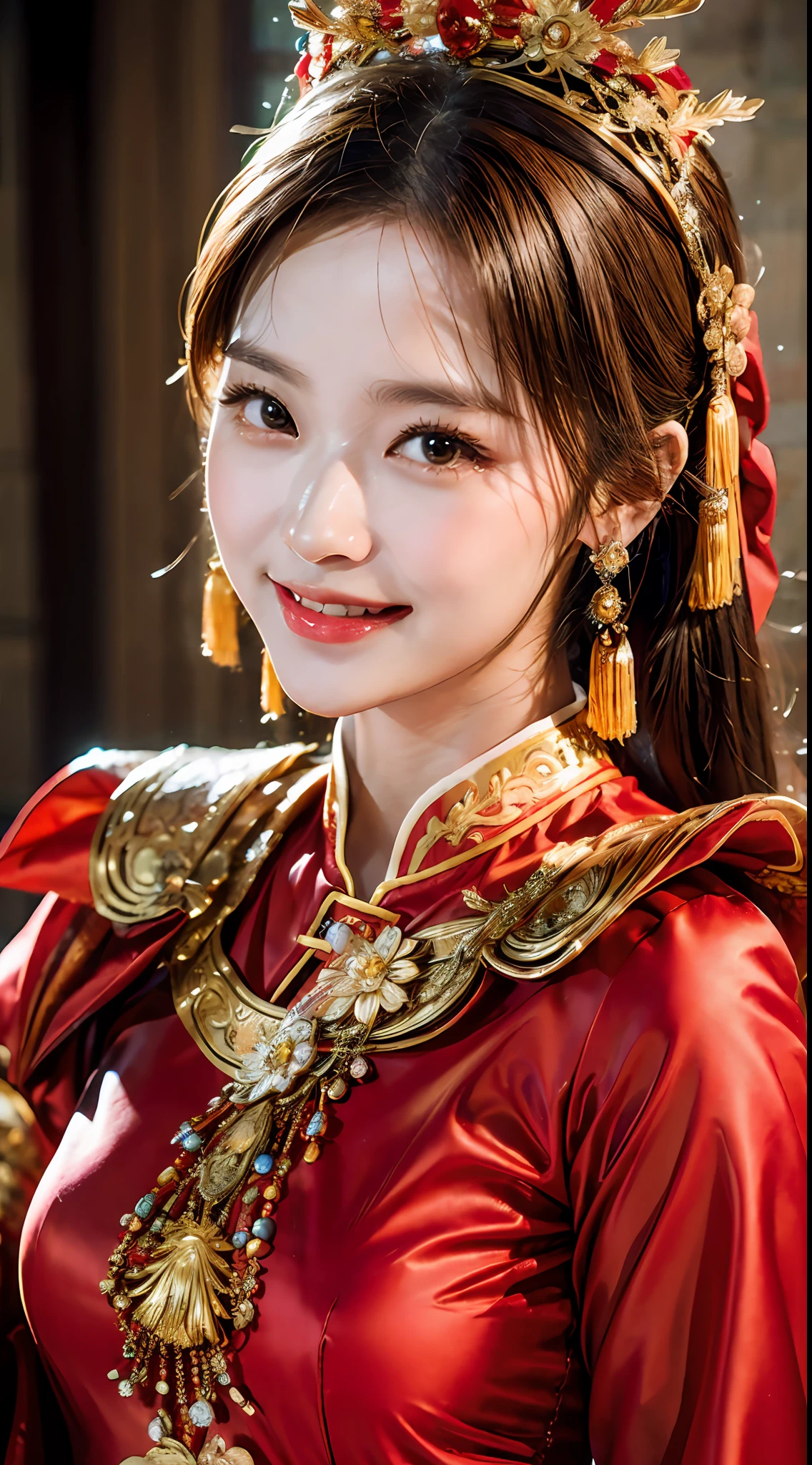 (8k, RAW Photo, Best Quality, Masterpiece: 1.2), (Realistic, Realistic: 1.37), 1 Girl, (16: 1.4), Araki woman posing in red dress and headdress, gorgeous cosplay, beautiful costume, complex fantasy dress, beautiful fantasy queen, Chinese dress, complex dress, complex costume, traditional beauty, gorgeous Chinese model, Chinese costume, wearing gorgeous costume, wearing elegant Chinese Xiuhe dress, Chinese wedding dress, phoenix crown Xia hand, Antique bride, show dress, close-up, close-up, wearing a phoenix crown on the head, smiling