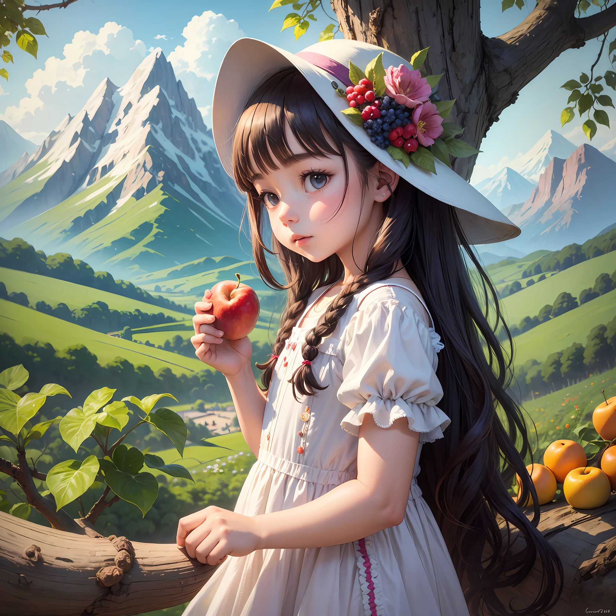 Little girl in long dress picking beautiful fruits from the tree in her garden and in the background a beautiful landscape of mountains bright colors beautiful design --auto --s2