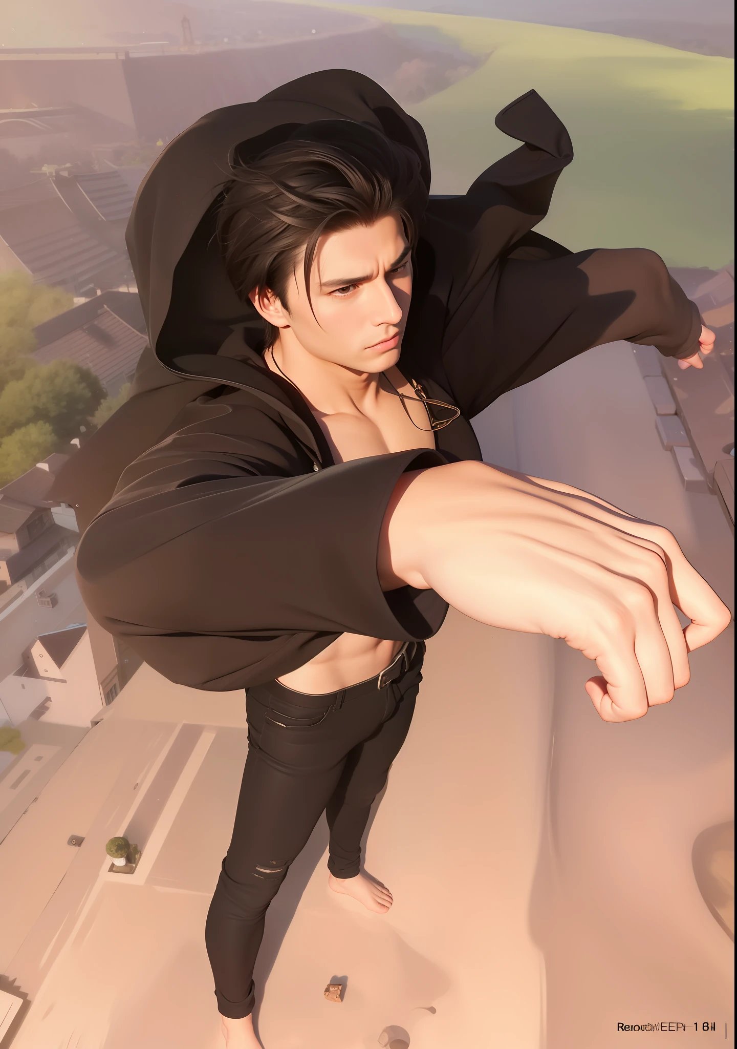 best quality, masterpiece, (realistic: 1.2), 1 man, Eren Jaeger, real life, live action, black jeans, black pants, brown hair, attack on Titan, long hair, abs, muscles, shirtless, sunset background, fitness, fit body, slim body, high definition, high quality, gigachad