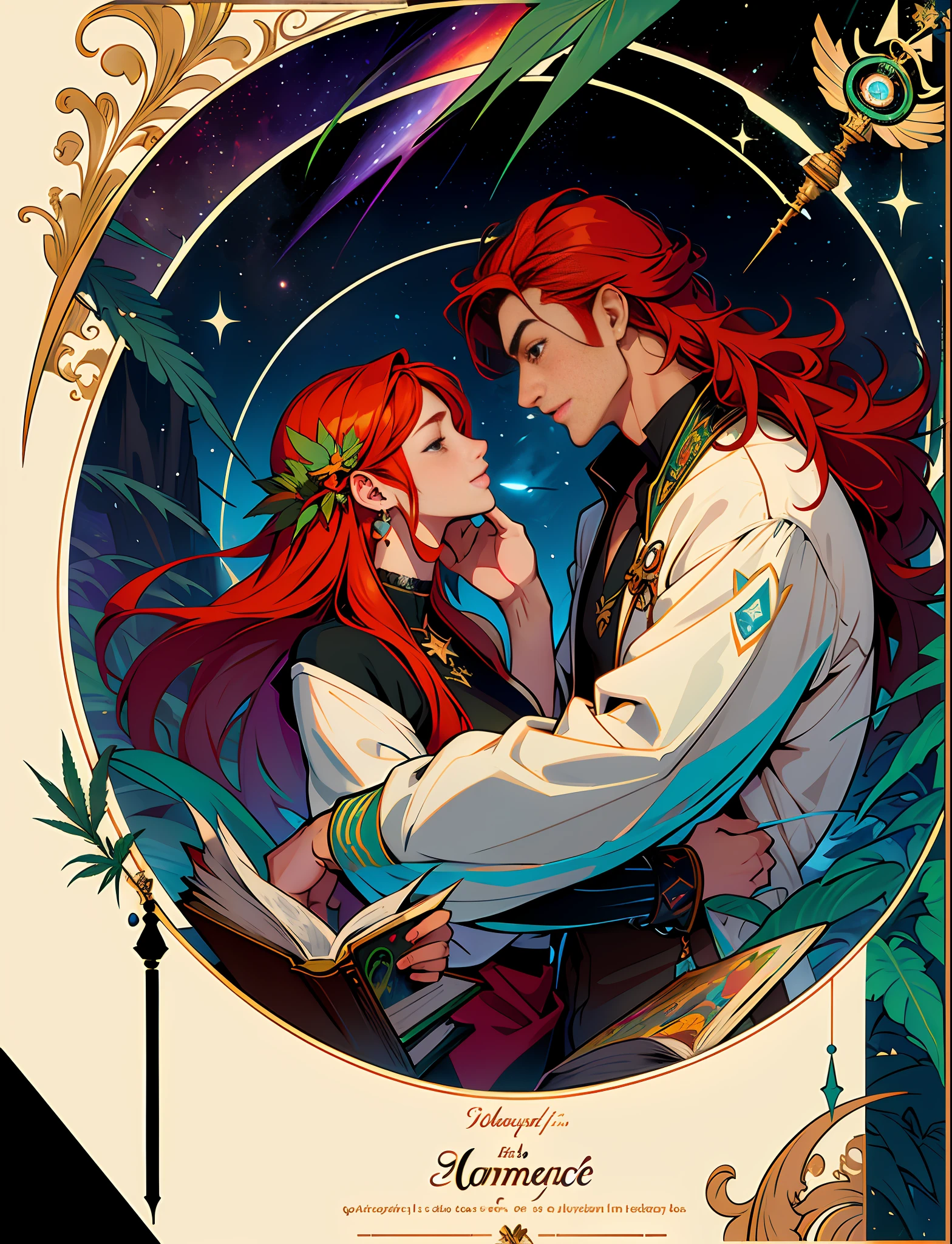 Perfect Eyes, Hemp, Leaf, Marijuana, Cannabis Bump, ((Illustration)), Colorful, Wallpaper, Energy, Unknown Horror, Secret, Magical Environment, Magical Environment, Magic Wand, Books, Pages Flying in the Sky, Omniscience, Predicting the Future, Understanding the Past, Frost Magic, Warlock, Magic Circle, Pentagram, Spells, Chant Magic, Red Hair, Long Hair, Close-Up The Most Beautiful Beautiful Woman and Man, Stylish, Fashionable, Perfect, Elegant tenderness, trendy artstation, Romance, Passion, Cool, Lovers, Lovers, Touch, Weasel from the galaxy of stars underwater, Hyperdetailed, Retrofuturistic, Abstract art, Art by Leonid Afremov, Kandinsky, Psychedelic --v 6