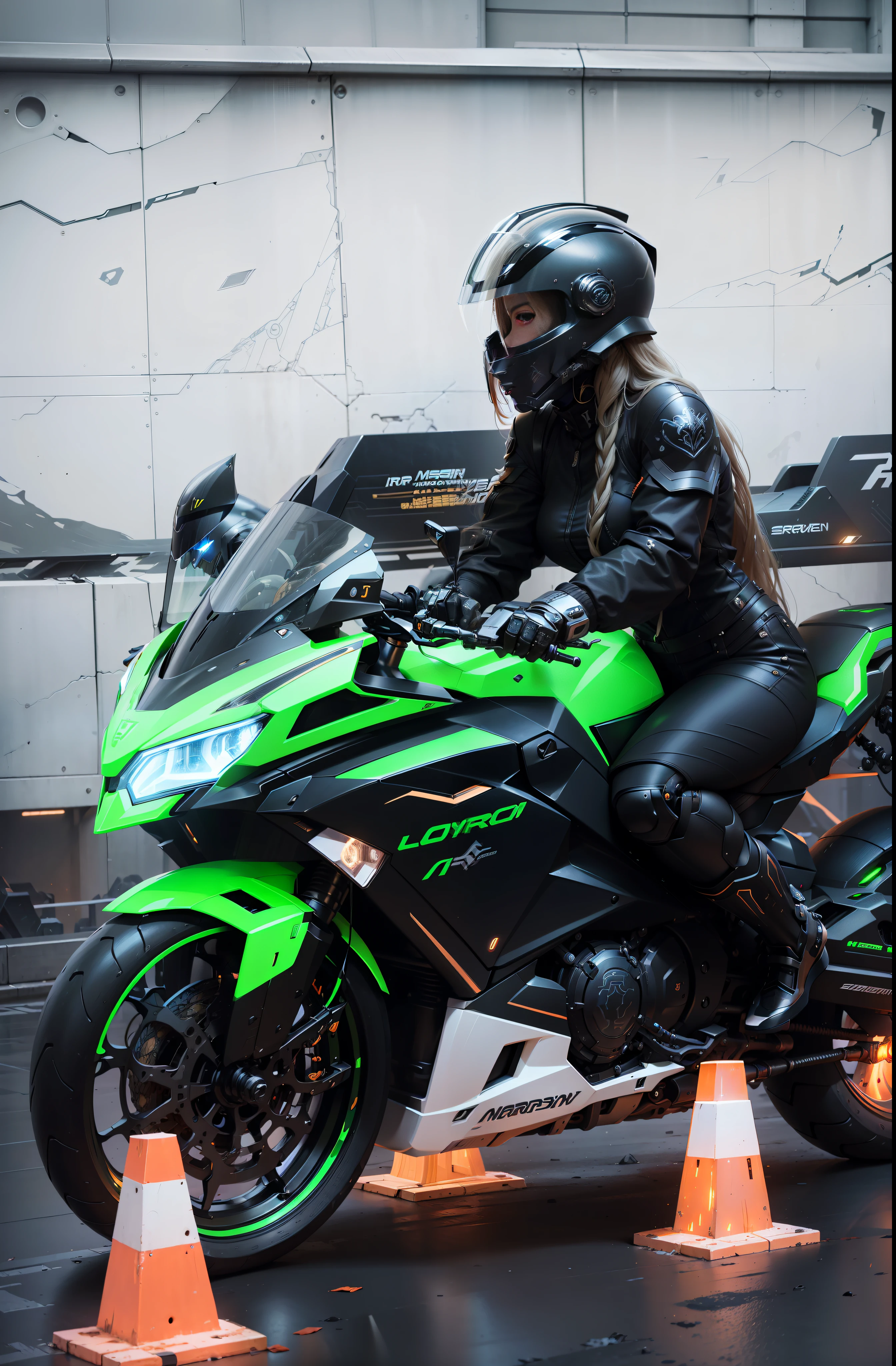 Sexy cyber female warrior and cyber mechanical motorcycle with long blonde hair. Full body exquisite high-tech armor, exquisite black tech helmet, Nousr, biomechanics, MSHN robot man, high-tech helmet, surreal, steel, intricate design, crazy details, fine details, extremely clear lines, cinematic lighting, photo realism, detailed masterpiece
