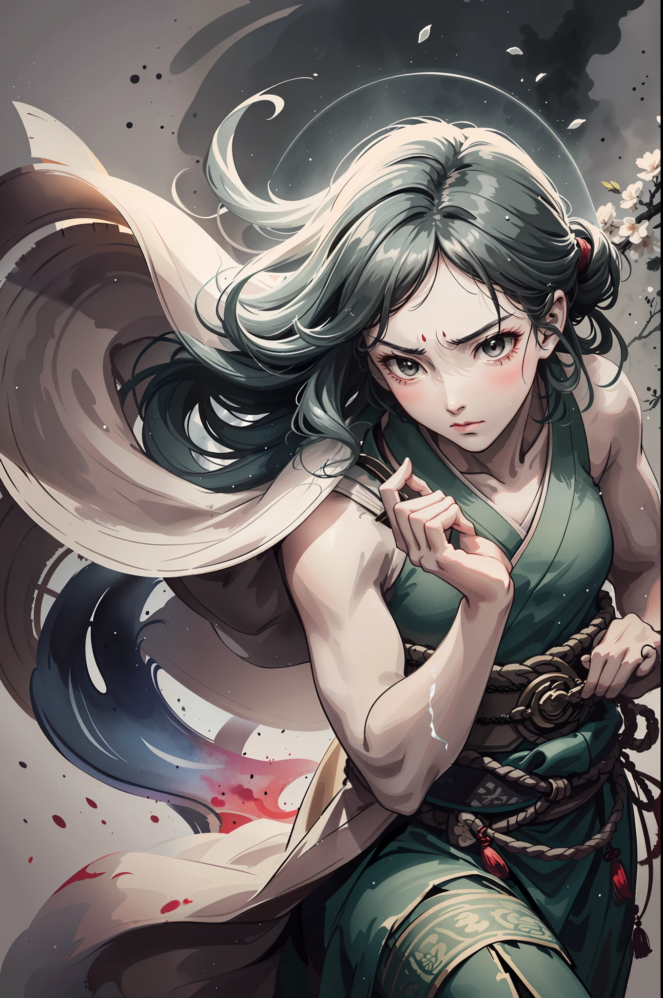 A warrior swings his sword in a circular motion,The slash is like a spray of water,A warrior appears like smoke,《(India-ink drawing,Overcoat of glaze,thick impasto,Creating light and shadow):1.4, 雪舟,sumi, expressive technique,》low-key lighting, moody ambiance, dark shadows, subtle highlights, mysterious aura, blooming light effect, light from heaven,White background,Expression only in sumi-e,drawn on Japanese paper,hakama without gores,huimobysim:1.6