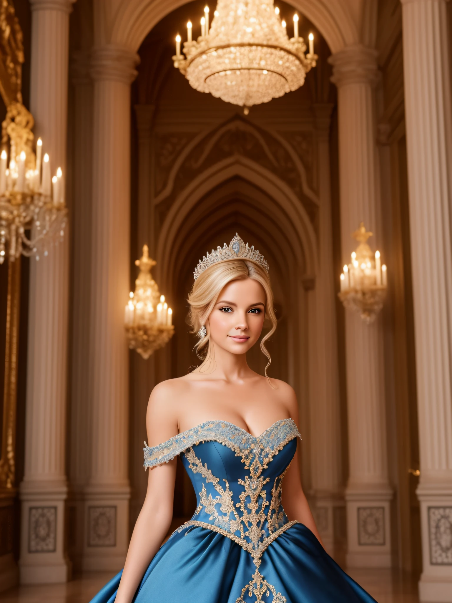 (8K, high resolution, cinematic, perfect anatomy, perfect breasts, perfect eyes, smile, close-up), a highly detailed image that portrays a beautiful princess with blond hair, dressed in an elaborate blue gown, within the grand halls of a majestic castle. The princess should emanate grace and elegance, with her blond hair cascading down her shoulders and a regal demeanor. Her dress, adorned with intricate details and delicate embellishments, should feature shades of blue that complement her radiant presence. The gown's flowing fabrics and ornate design should evoke a sense of luxury and refinement. The castle should be depicted as a stunning architectural marvel, with towering spires, arched windows, and intricate stonework. Pay attention to the grandeur of the halls, incorporating elements such as chandeliers, tapestries, and marble floors to enhance the opulent atmosphere. Lighting should play a significant role in the artwork, casting a soft, warm glow that highlights the princess and brings out the rich colors and textures of her surroundings. Create a sense of depth by playing with light and shadows, adding an extra layer of visual interest to the composition. The princess should exude an air of regality and tranquility, with her posture and expression conveying both poise and grace. Consider adding subtle elements like a crown or a royal scepter to accentuate her status and authority. Through meticulous attention to detail and a touch of magic, create an artwork that transports viewers to a realm of enchantment and nobility. The beautiful princess, surrounded by the grandeur of the castle, will captivate viewers and invite them to dream of a world filled with fairy tale charm and timeless elegance