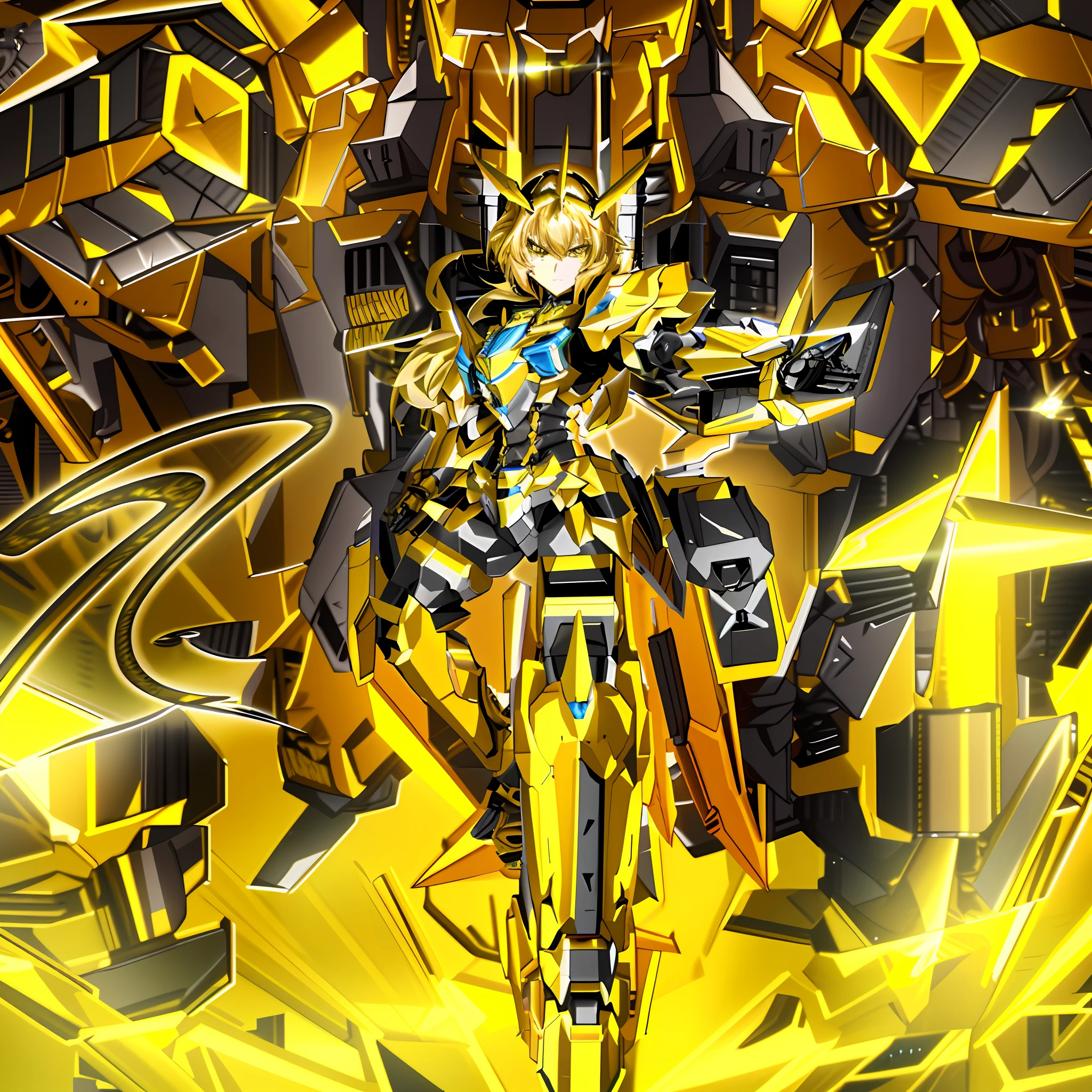 a close up of a robot with a sword and a yellow background, gold paladin, mechanized valkyrie girl, girl in mecha cyber armor, yellow mech, best anime 4k konachan wallpaper, anime mech armor, female mecha, cool mecha style, anime mecha aesthetic, badass anime 8 k, modern mecha anime, mecha anime